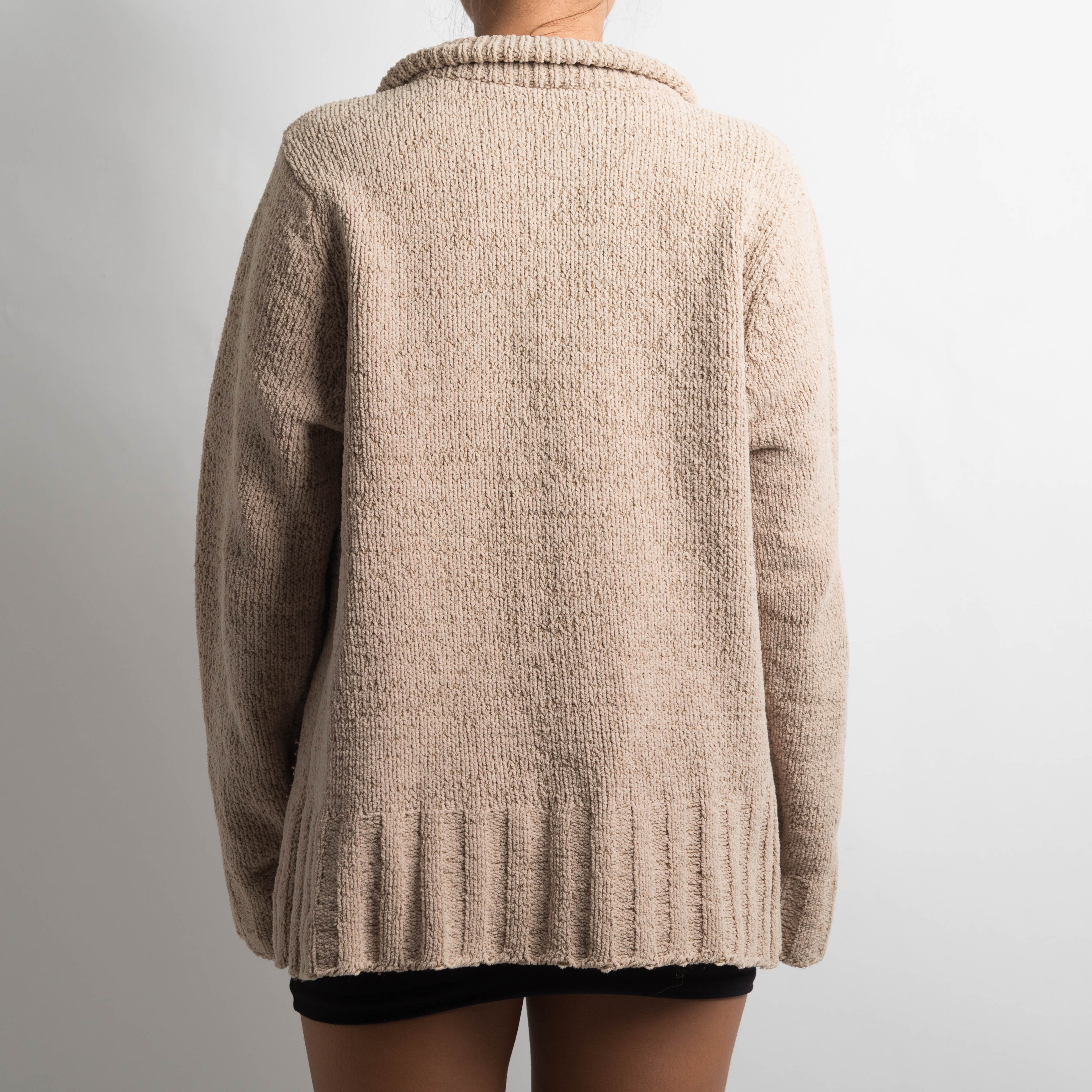 BEIGE CHENILLE ZIP CARDIGAN