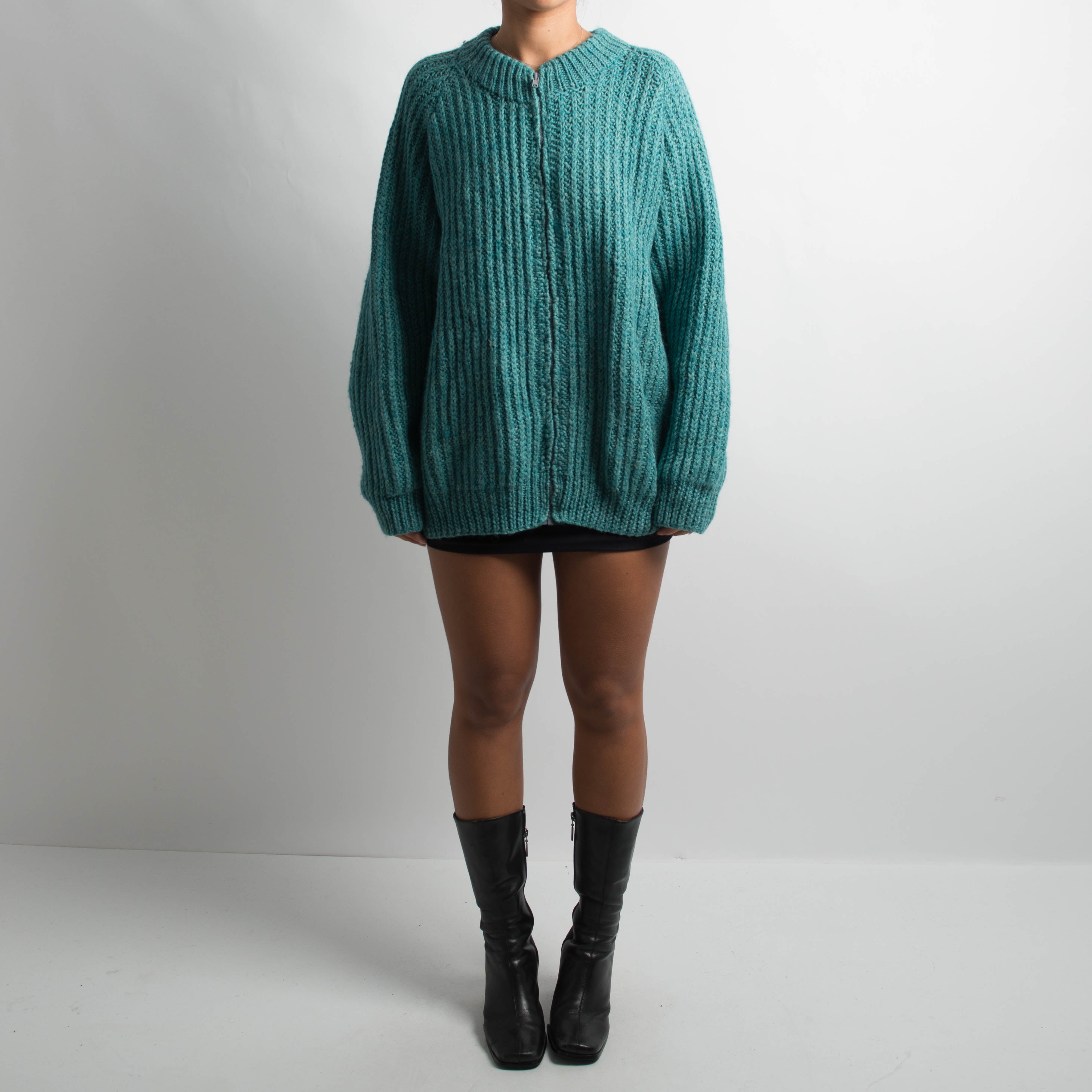 TEAL CHUNKY KNIT ZIP CARDIGAN