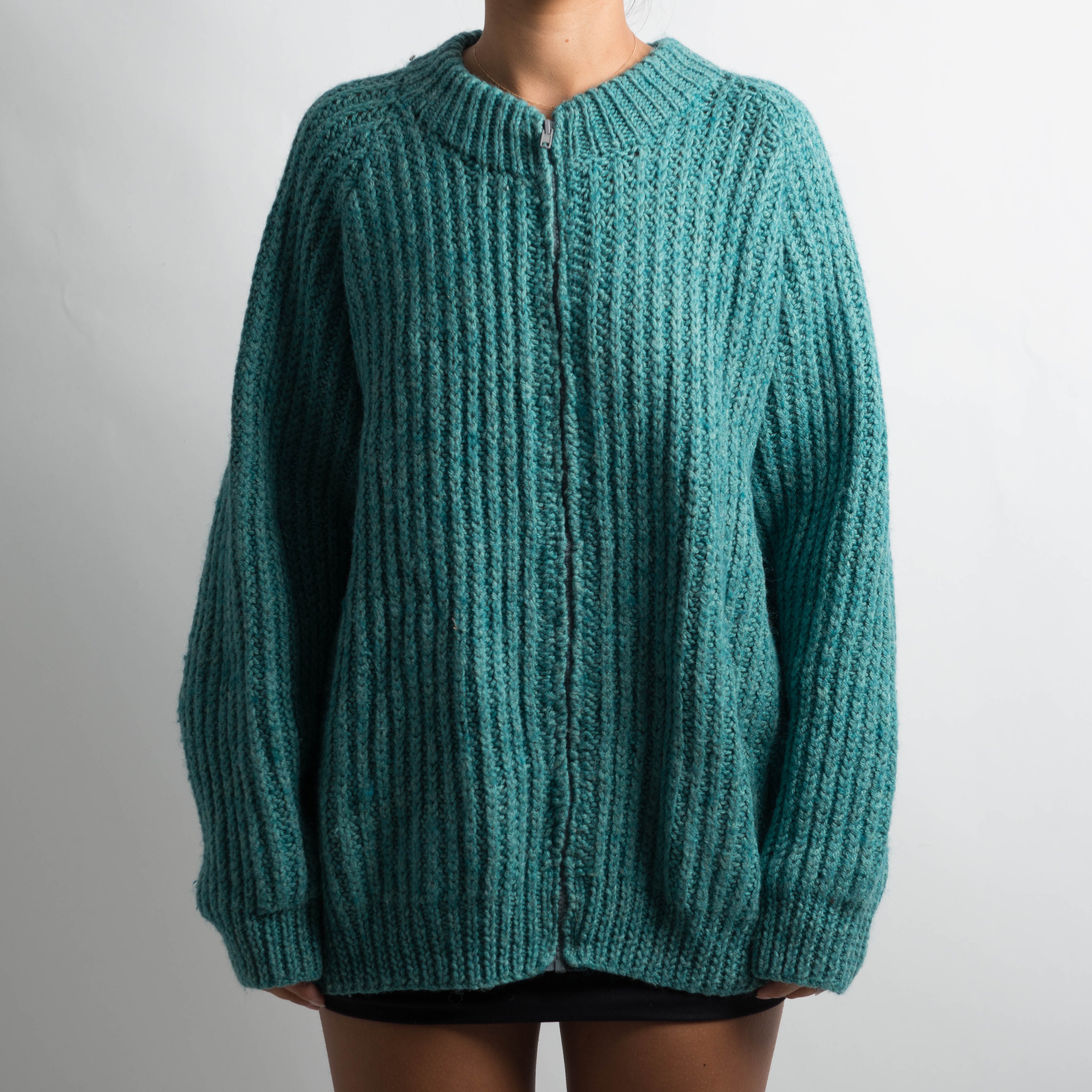 TEAL CHUNKY KNIT ZIP CARDIGAN