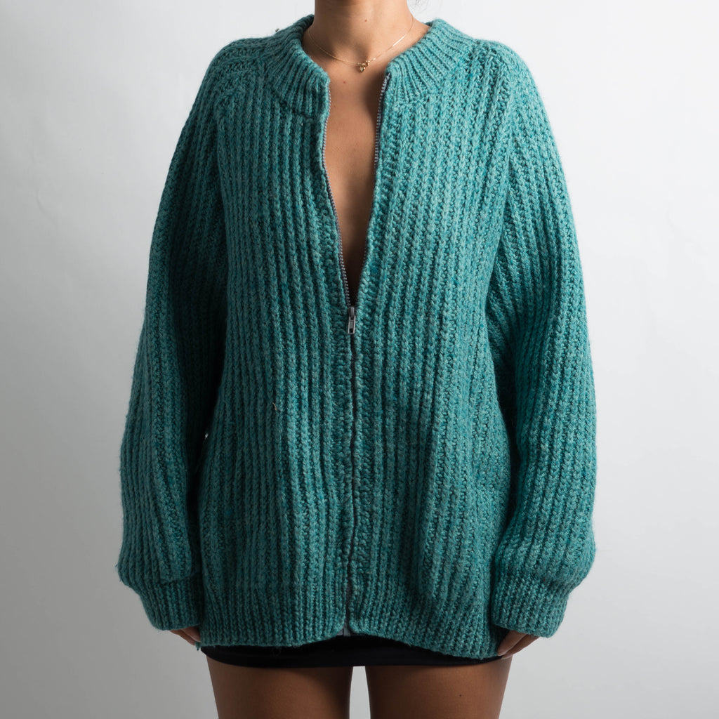 TEAL CHUNKY KNIT ZIP CARDIGAN
