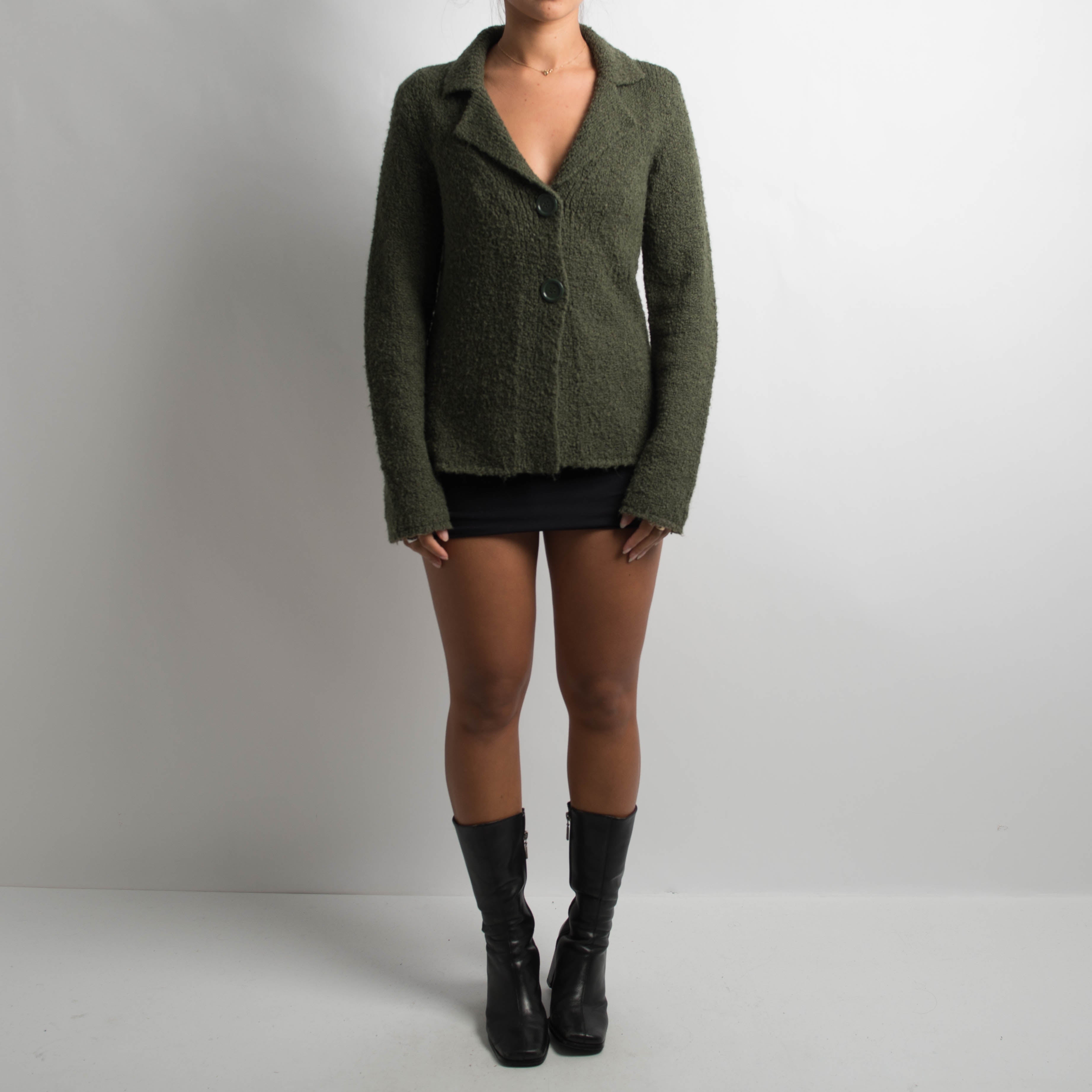 GREEN COLLARED KNIT CARDIGAN