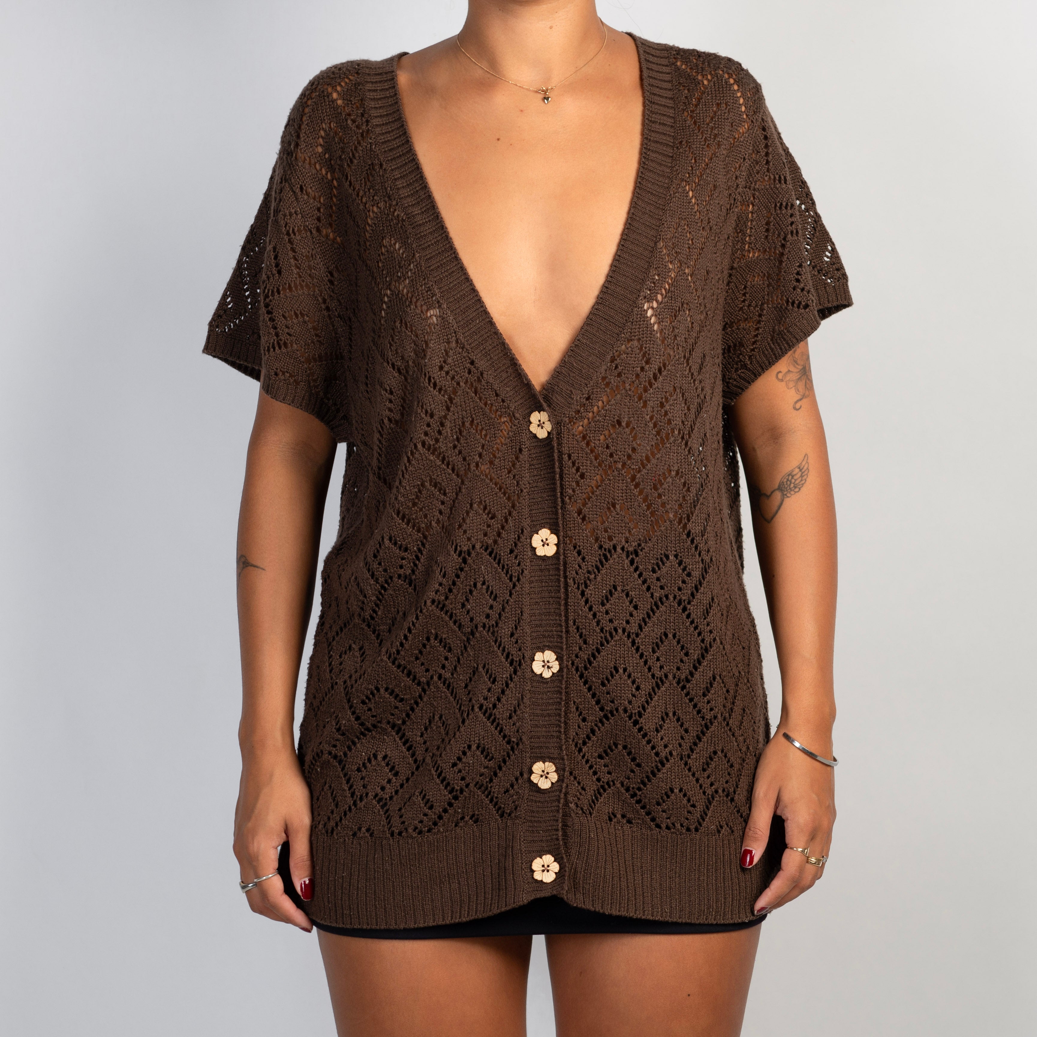 BROWN SHORT SLEEVE CARDIGAN