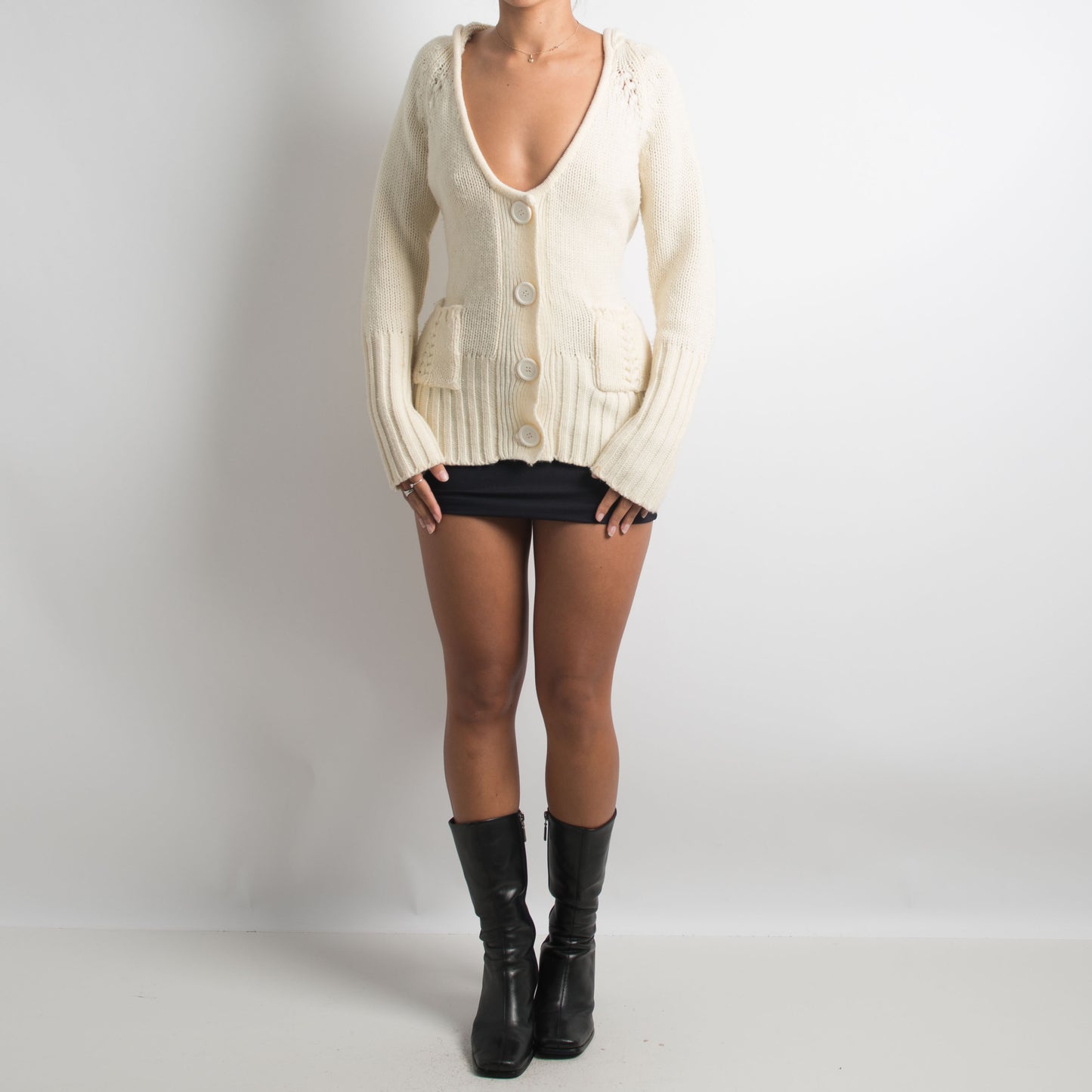 CREAM KNIT HOODED CARDIGAN