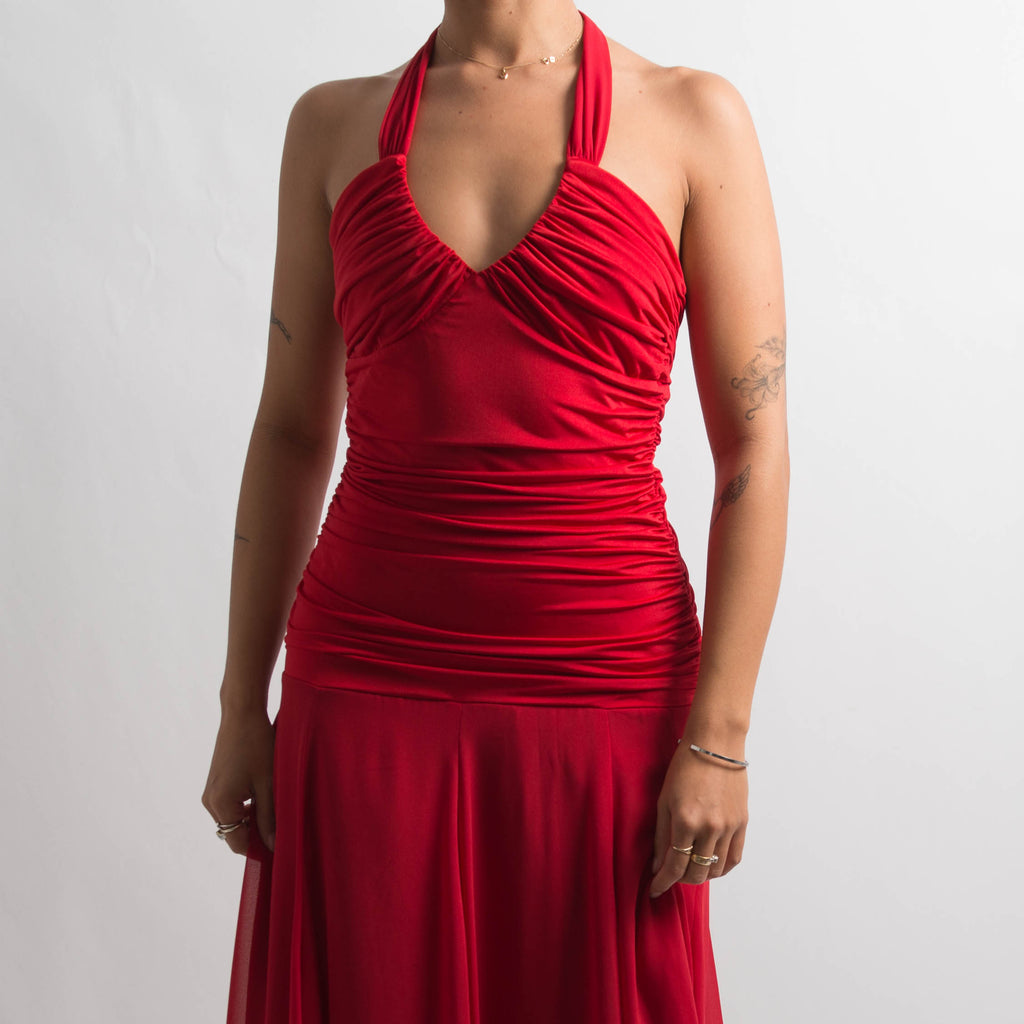 RED HALTER EVENING DRESS
