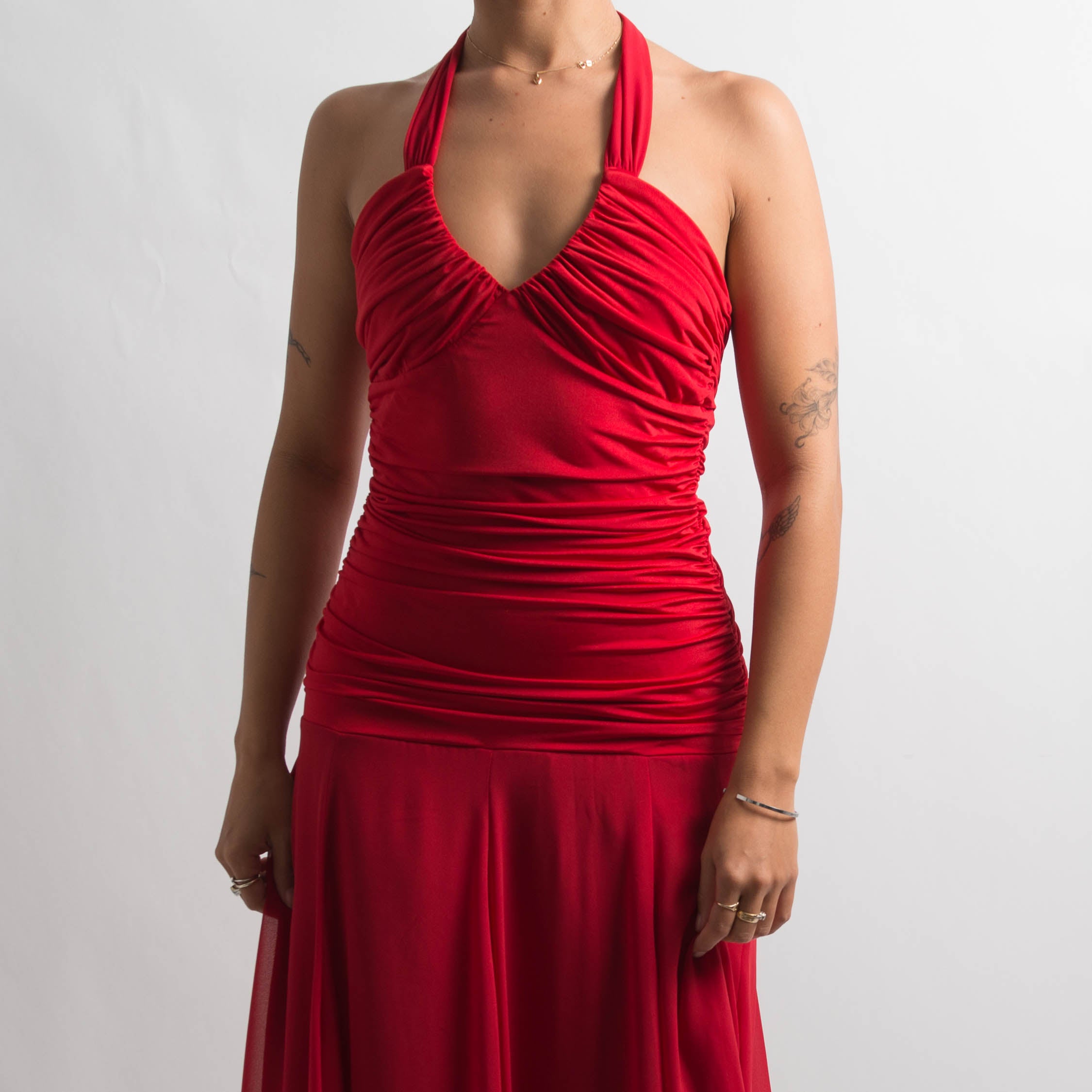 RED HALTER EVENING DRESS