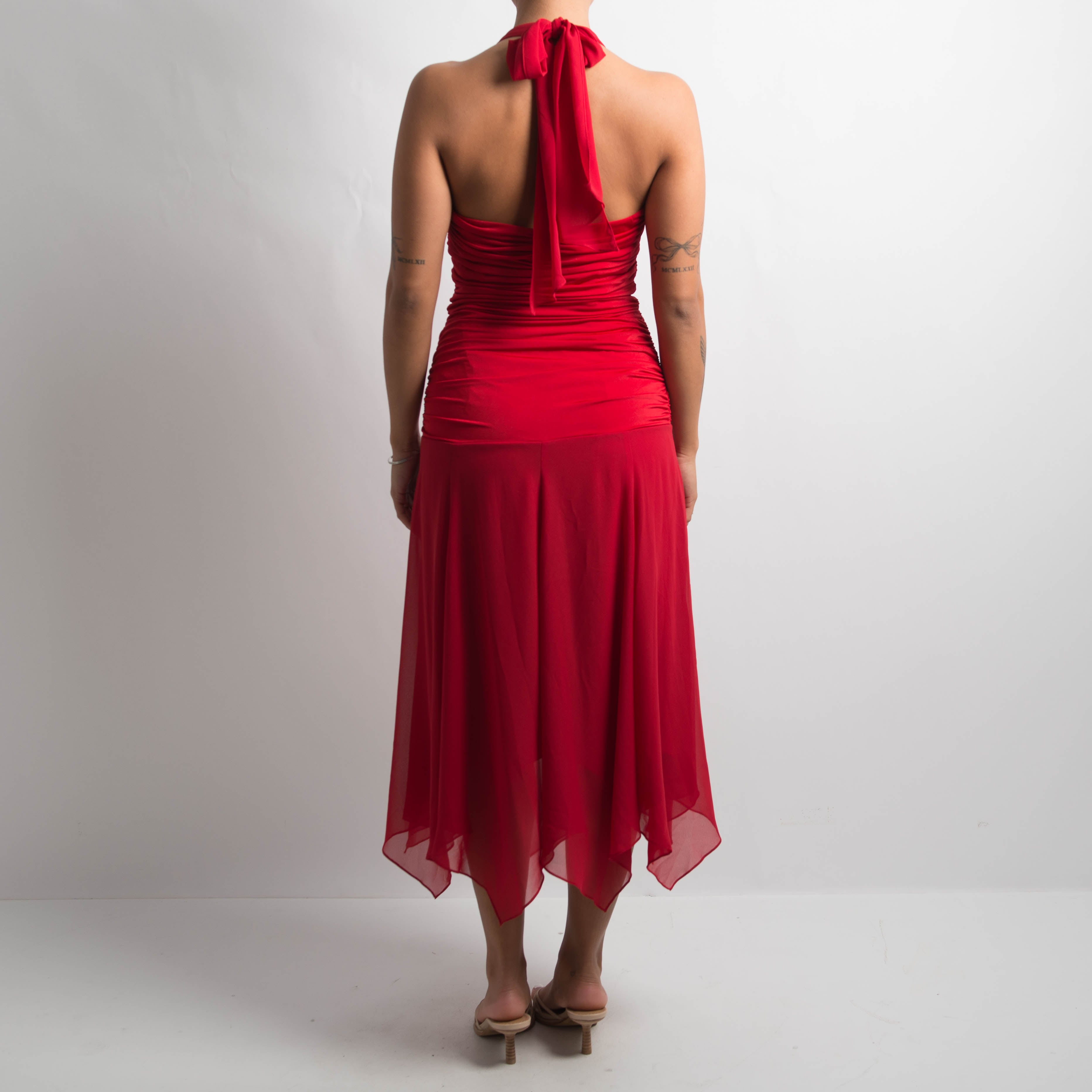 RED HALTER EVENING DRESS