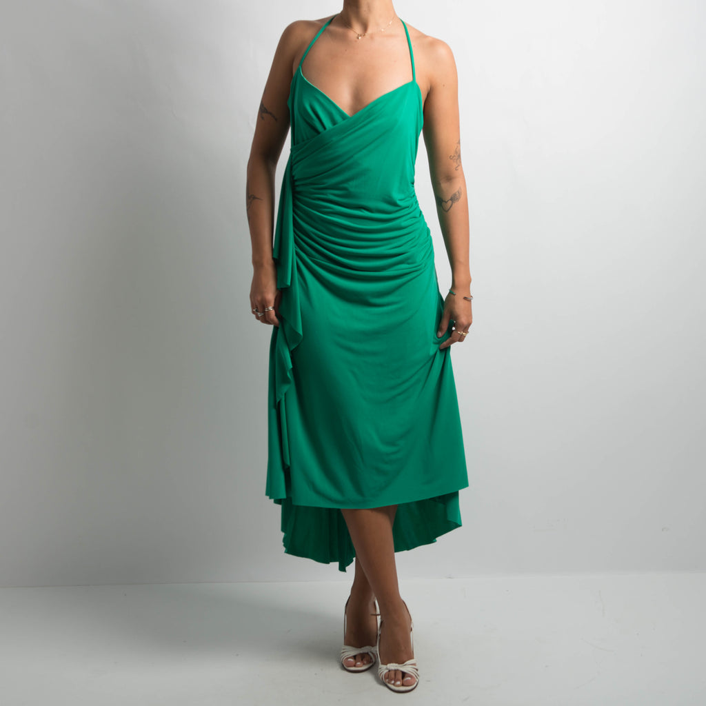 GREEN HALTER EVENING DRESS