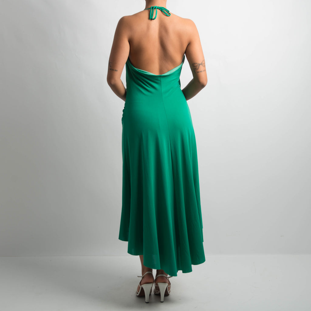 GREEN HALTER EVENING DRESS