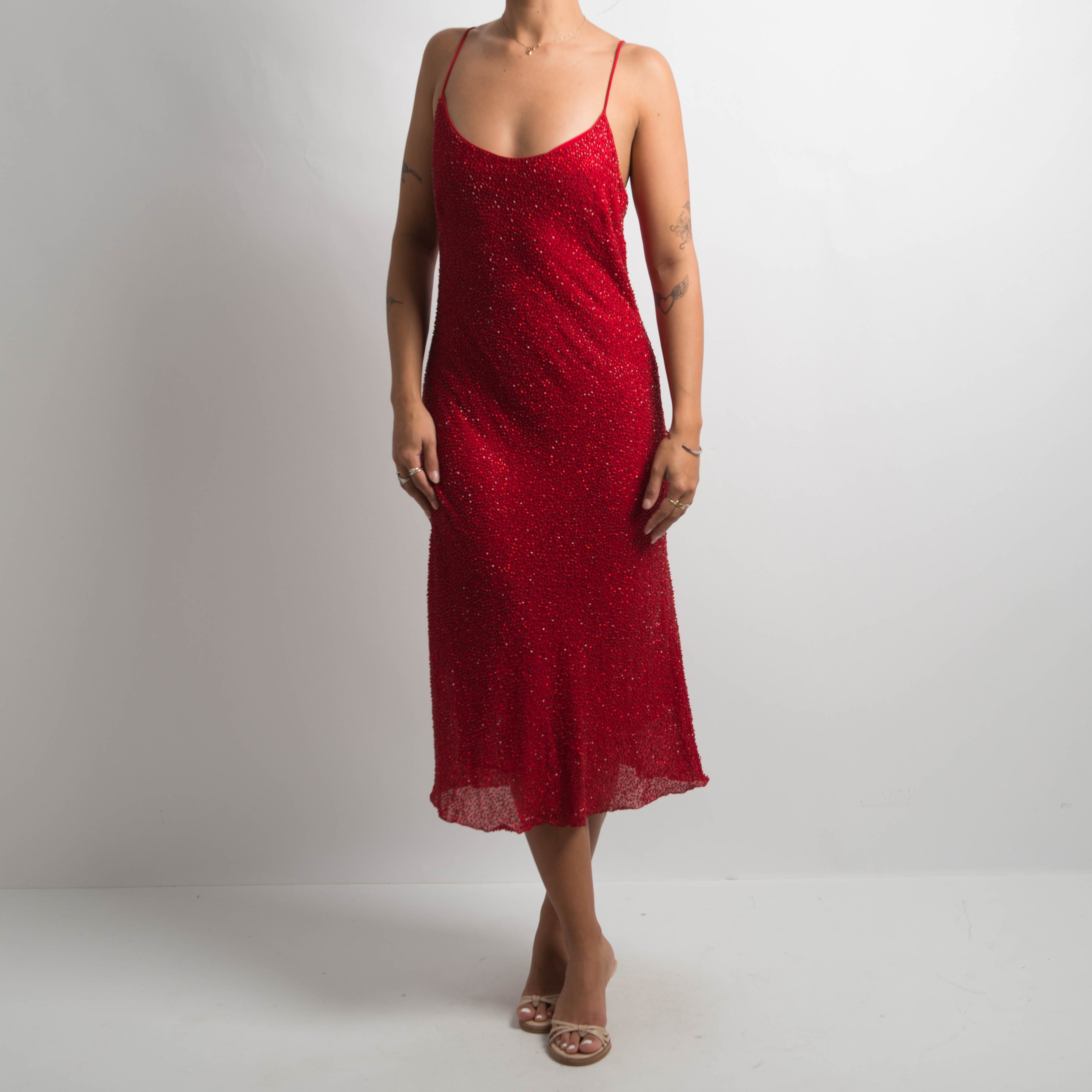 RED SILK BEADED DRESS