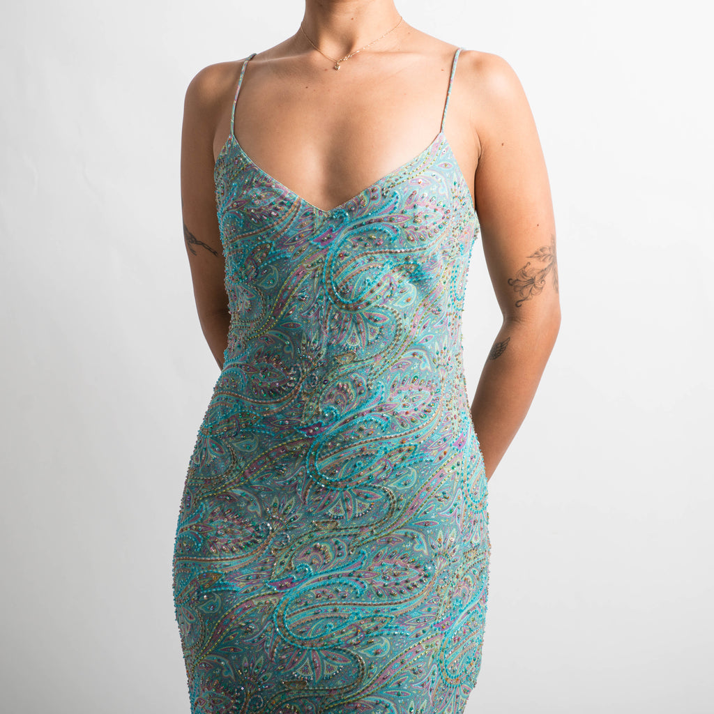PAISLEY SILK BEADED MIDI DRESS