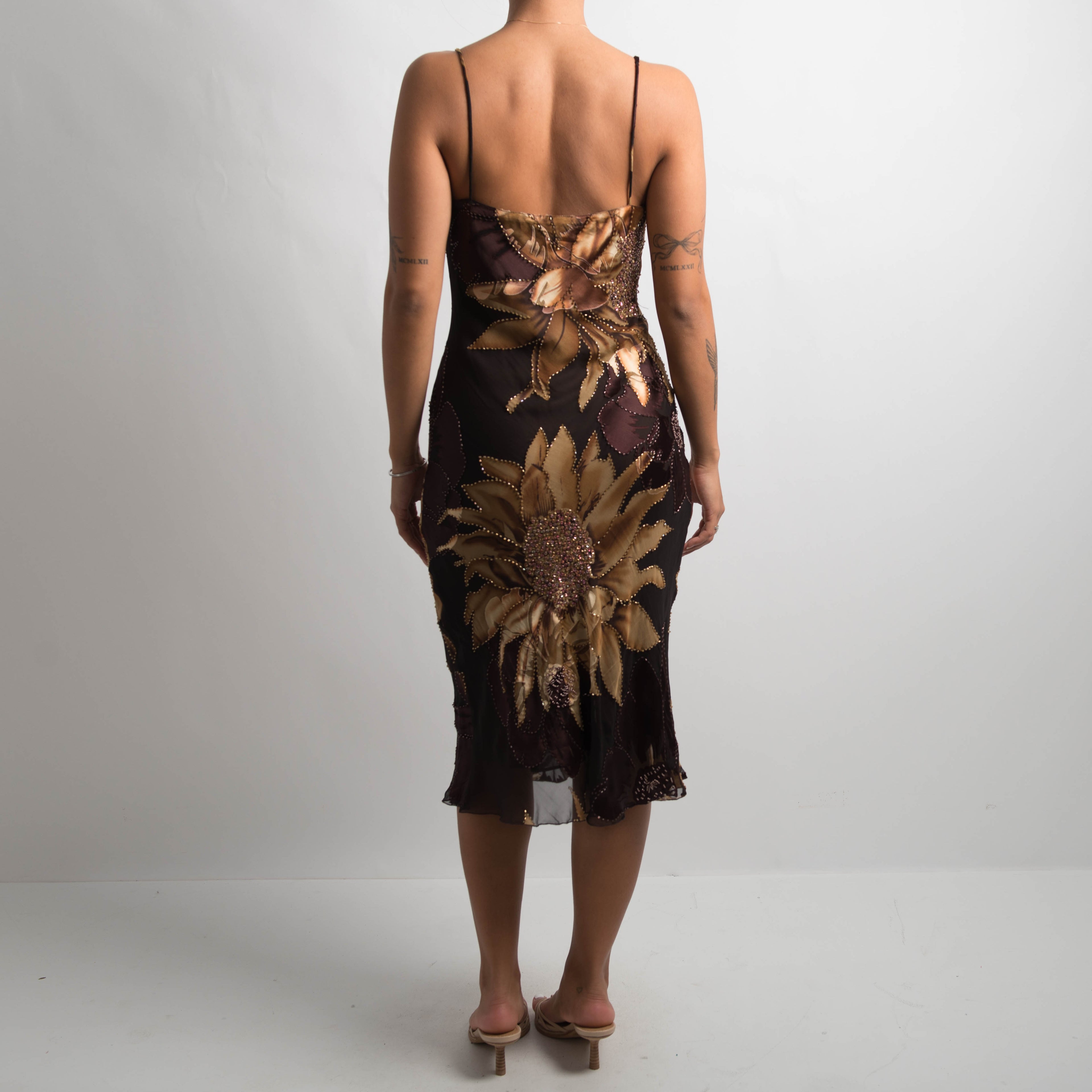 FLORAL SILK BEADED MIDI DRESS