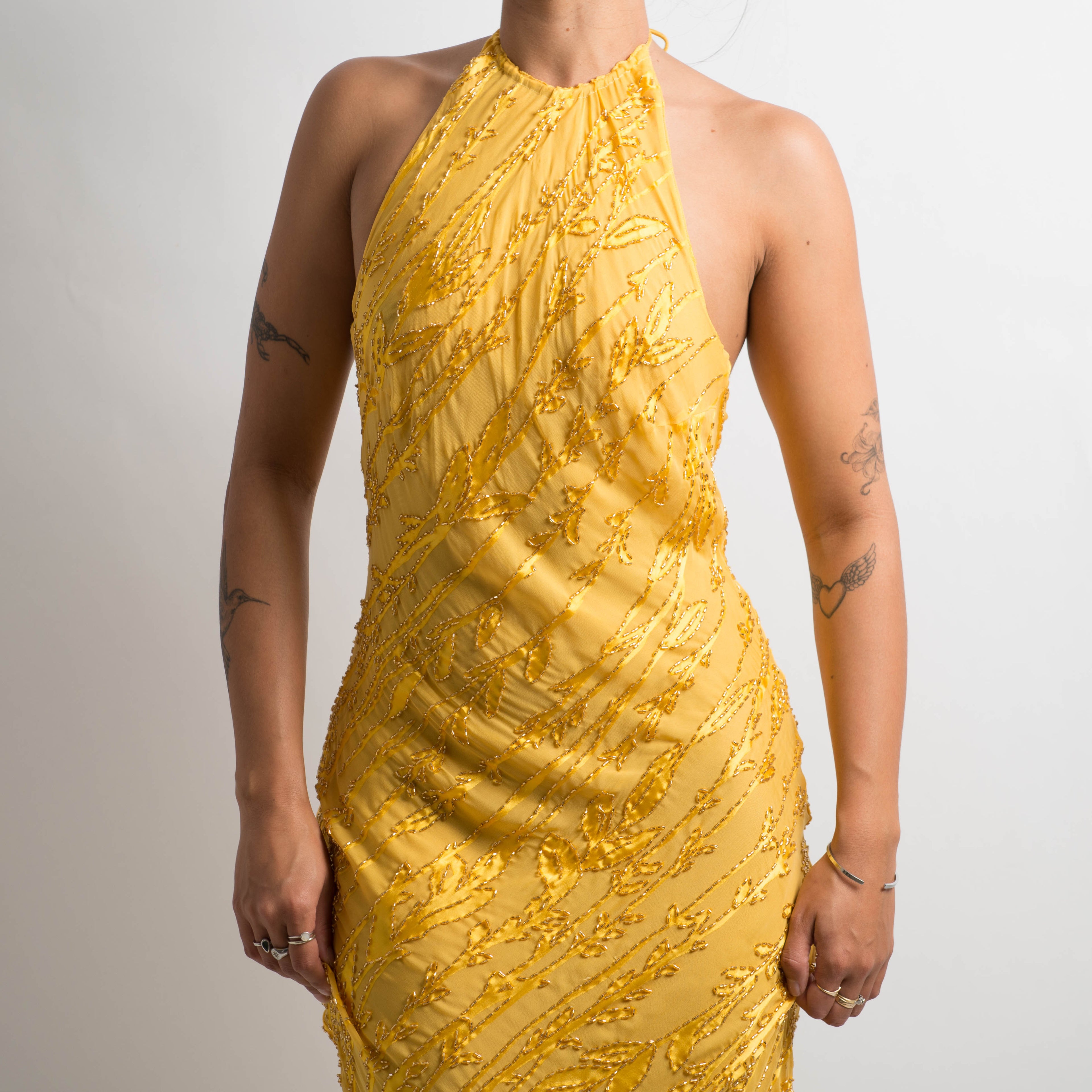YELLOW SILK BEADED DRESS