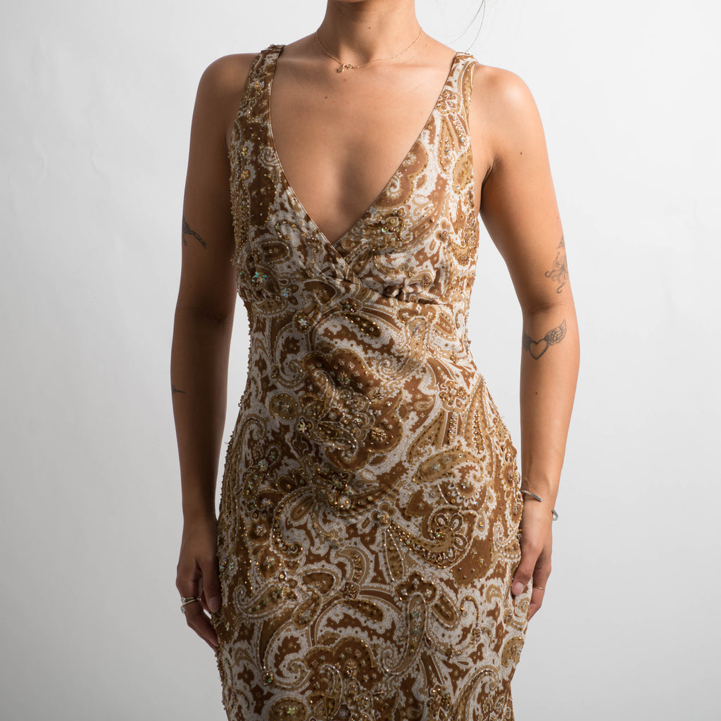 BROWN SILK BEADED DRESS