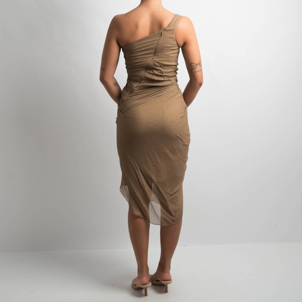 BRONZE SILK RUCHED DRESS