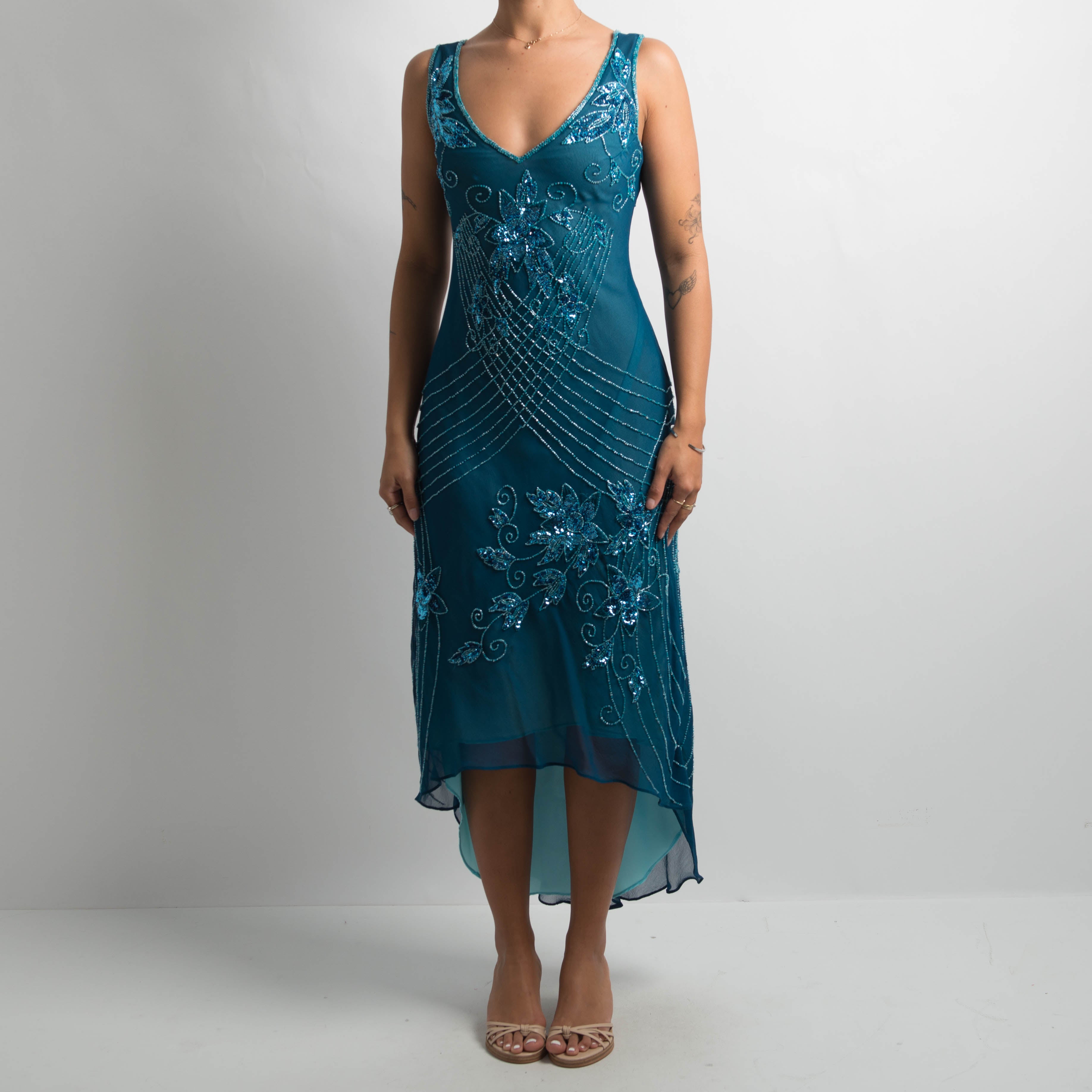 TEAL SILK BEADED DRESS