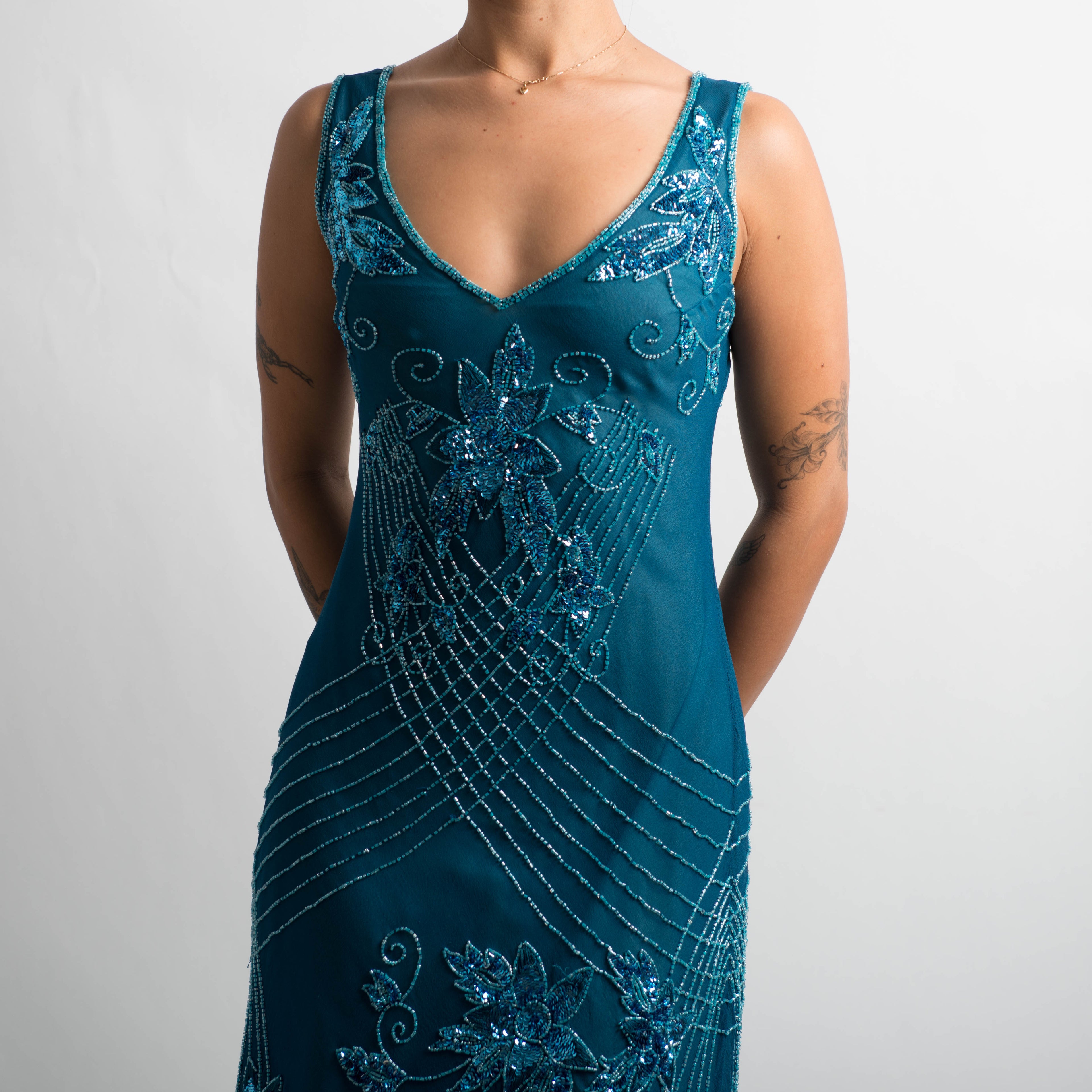 TEAL SILK BEADED DRESS