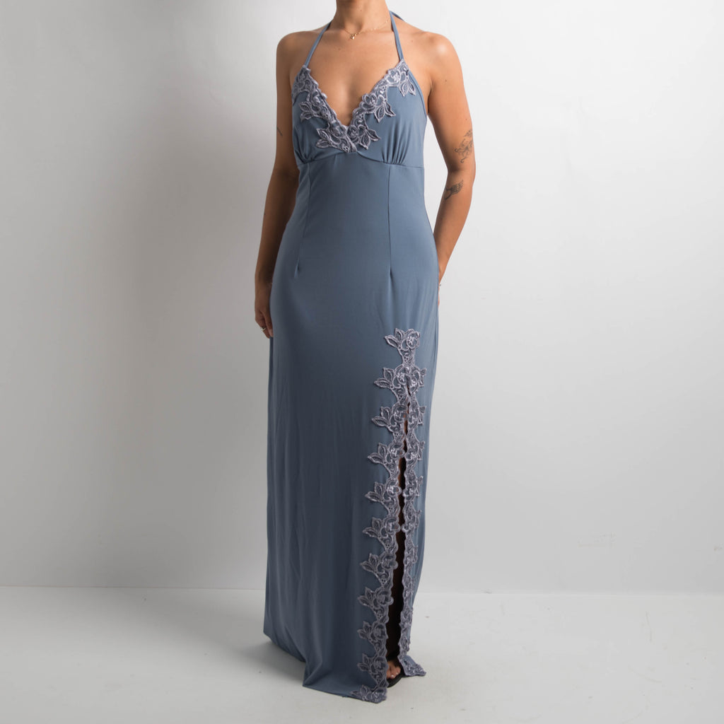 GREY BLUE HALTER GOWN