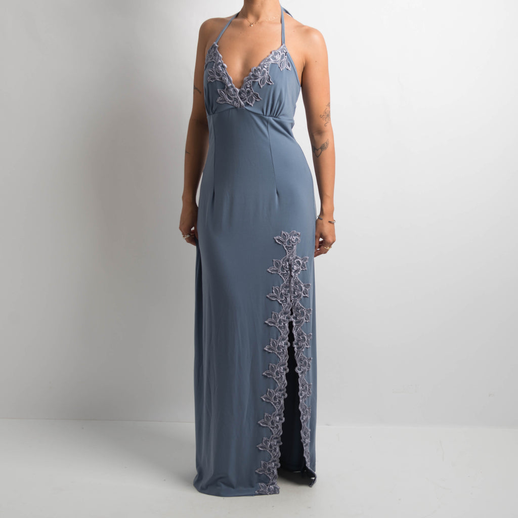 GREY BLUE HALTER GOWN