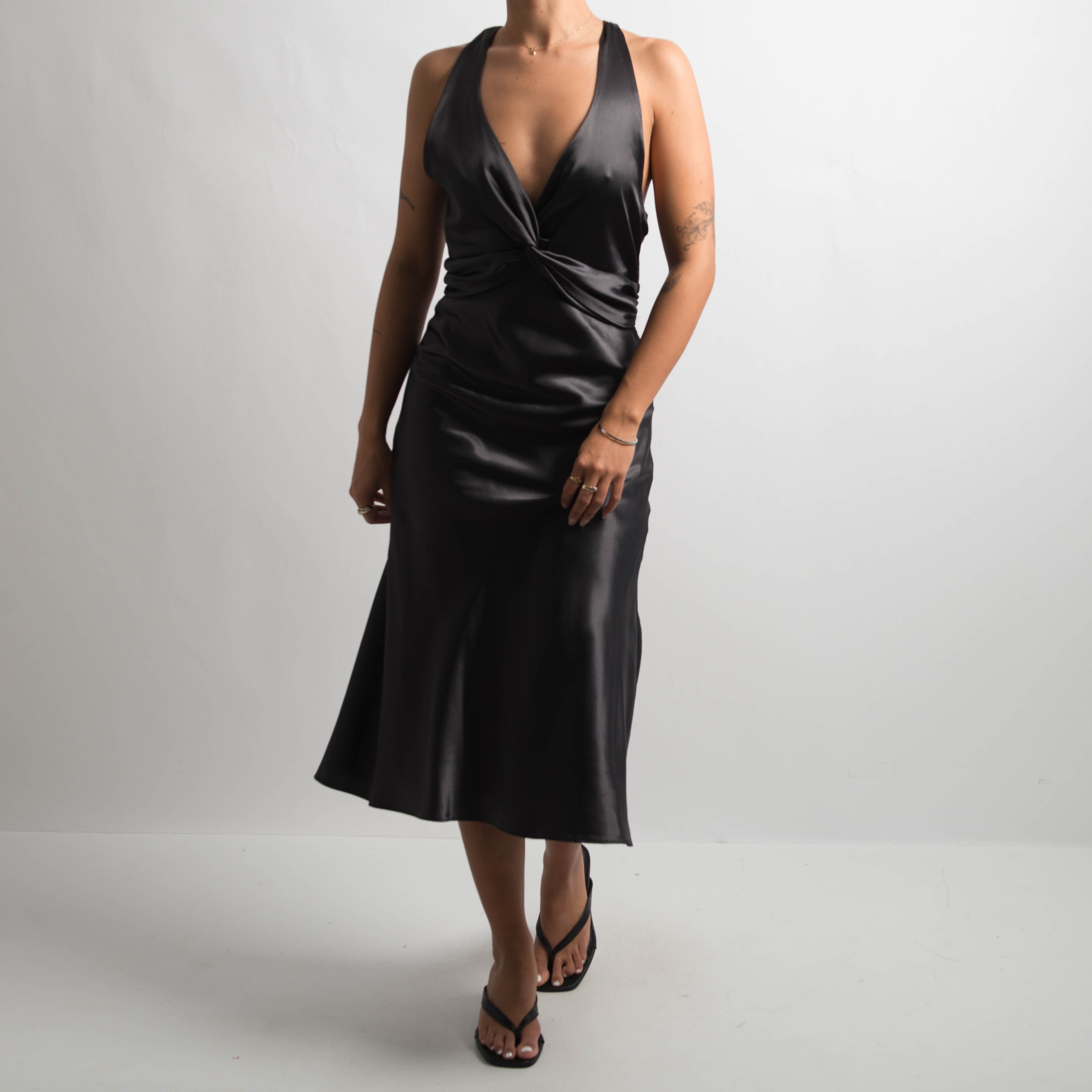 GUNMETAL SATIN MIDI DRESS