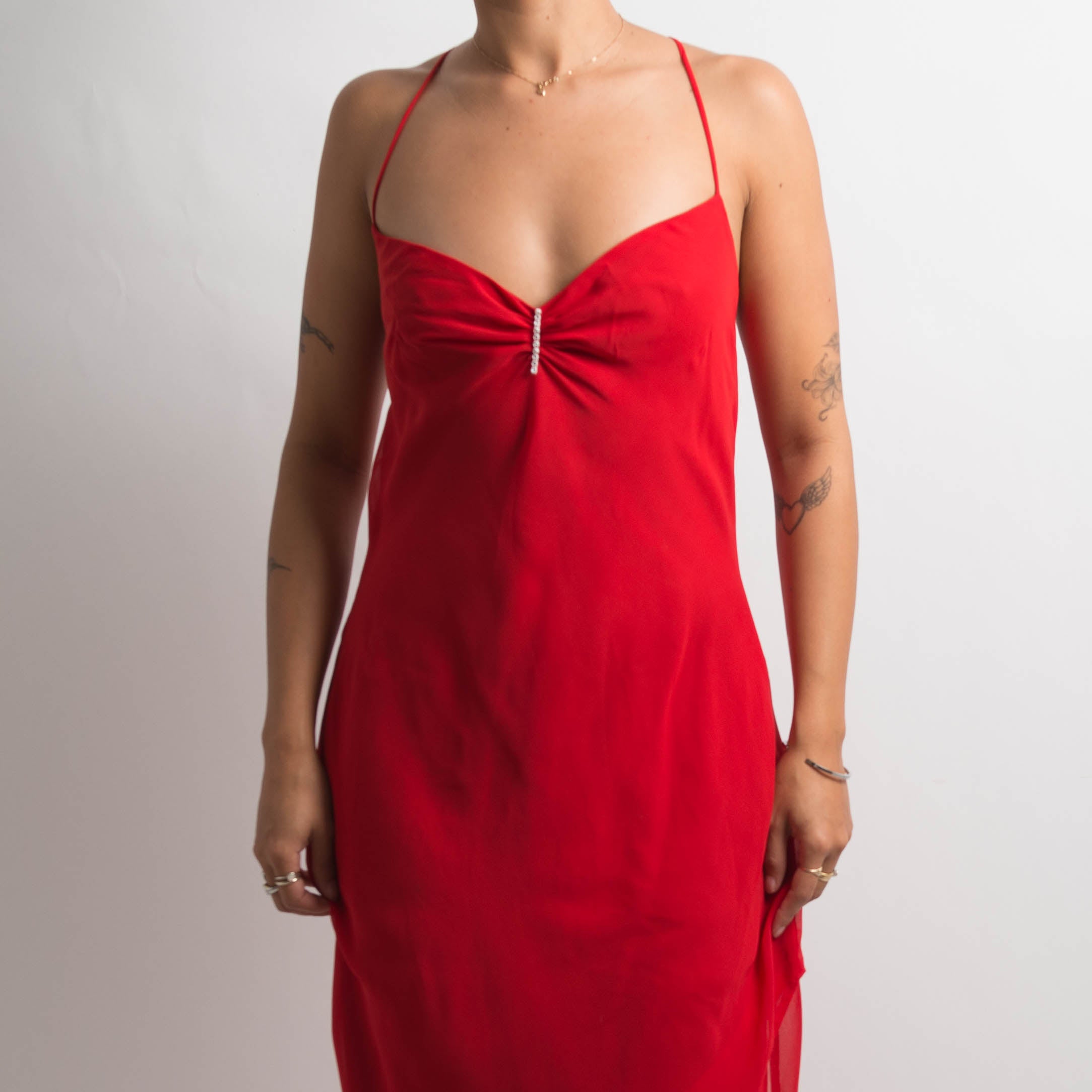 RED ASYMMETRIC EVENING DRESS
