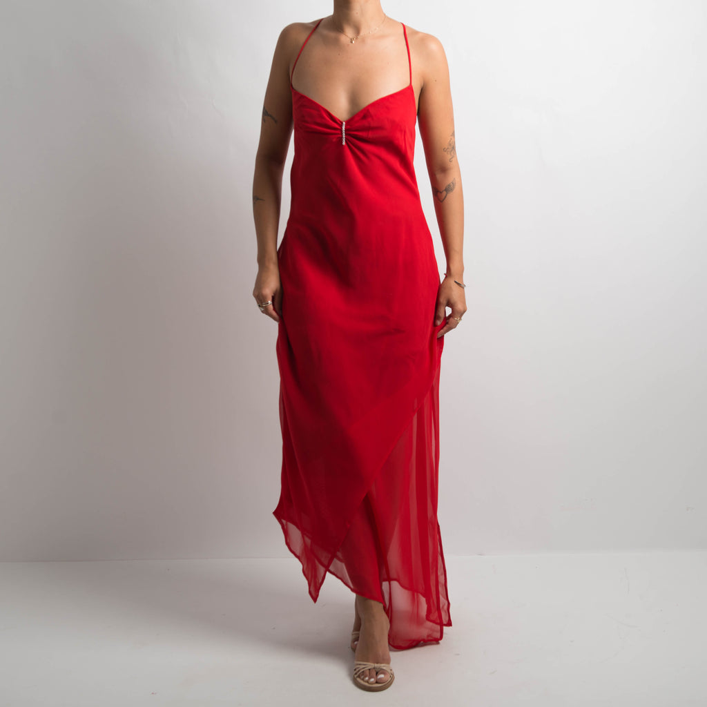 RED ASYMMETRIC EVENING DRESS