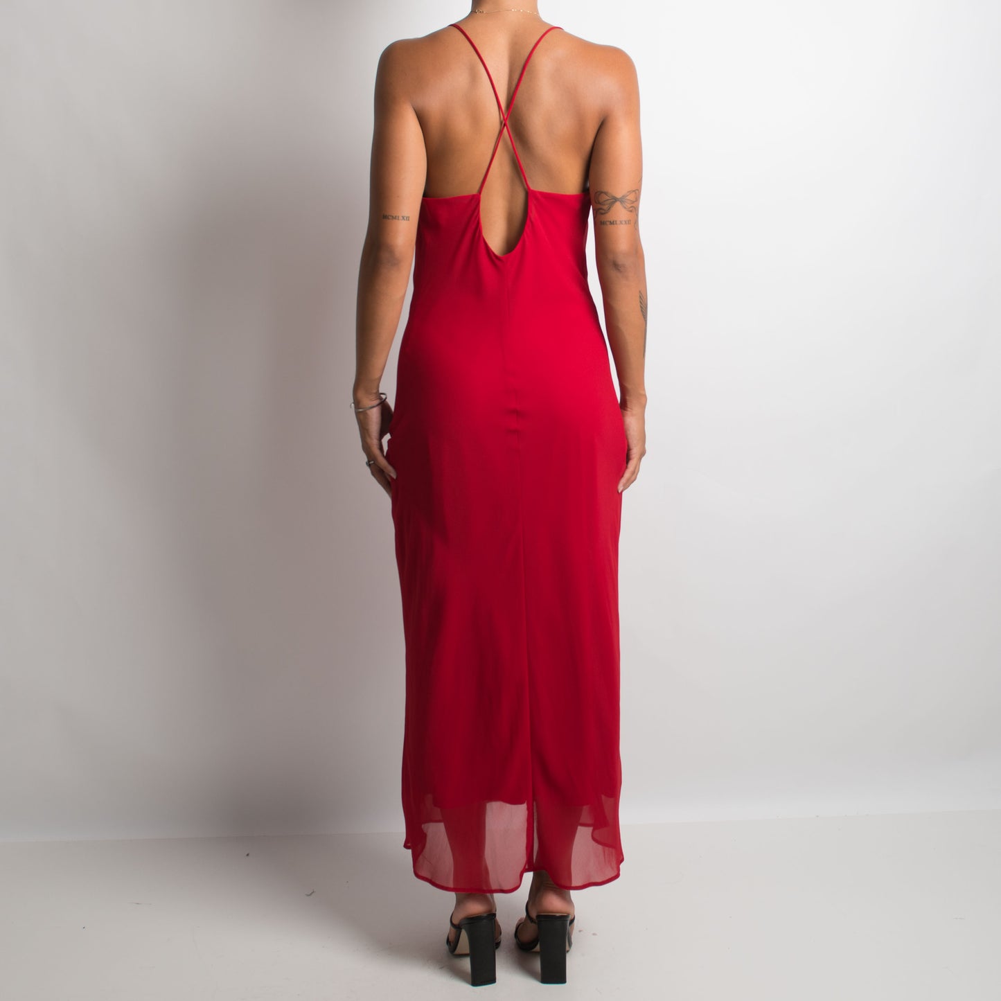 RED COWL NECK EVENING DRESS