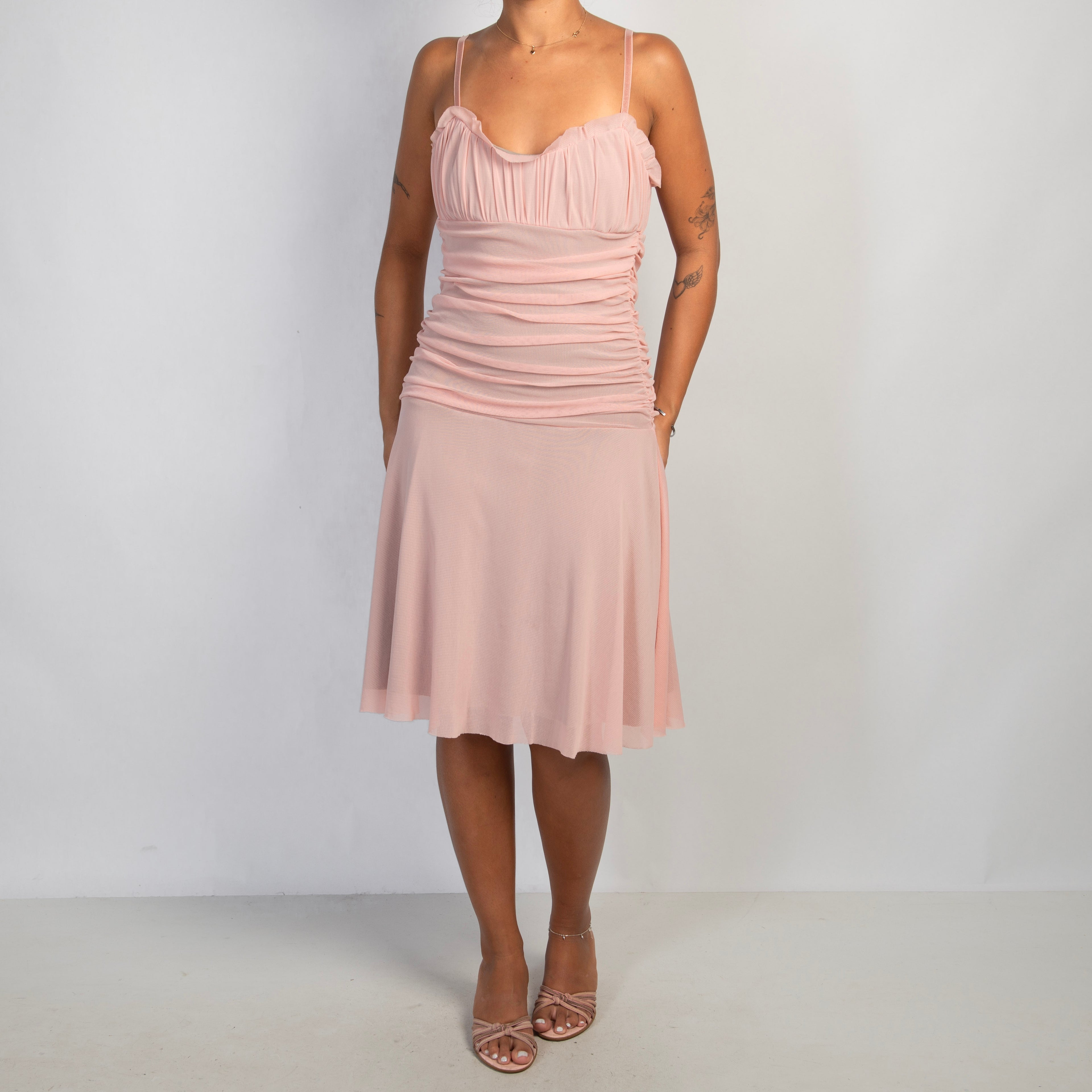 PINK RUCHED MESH MIDI DRESS