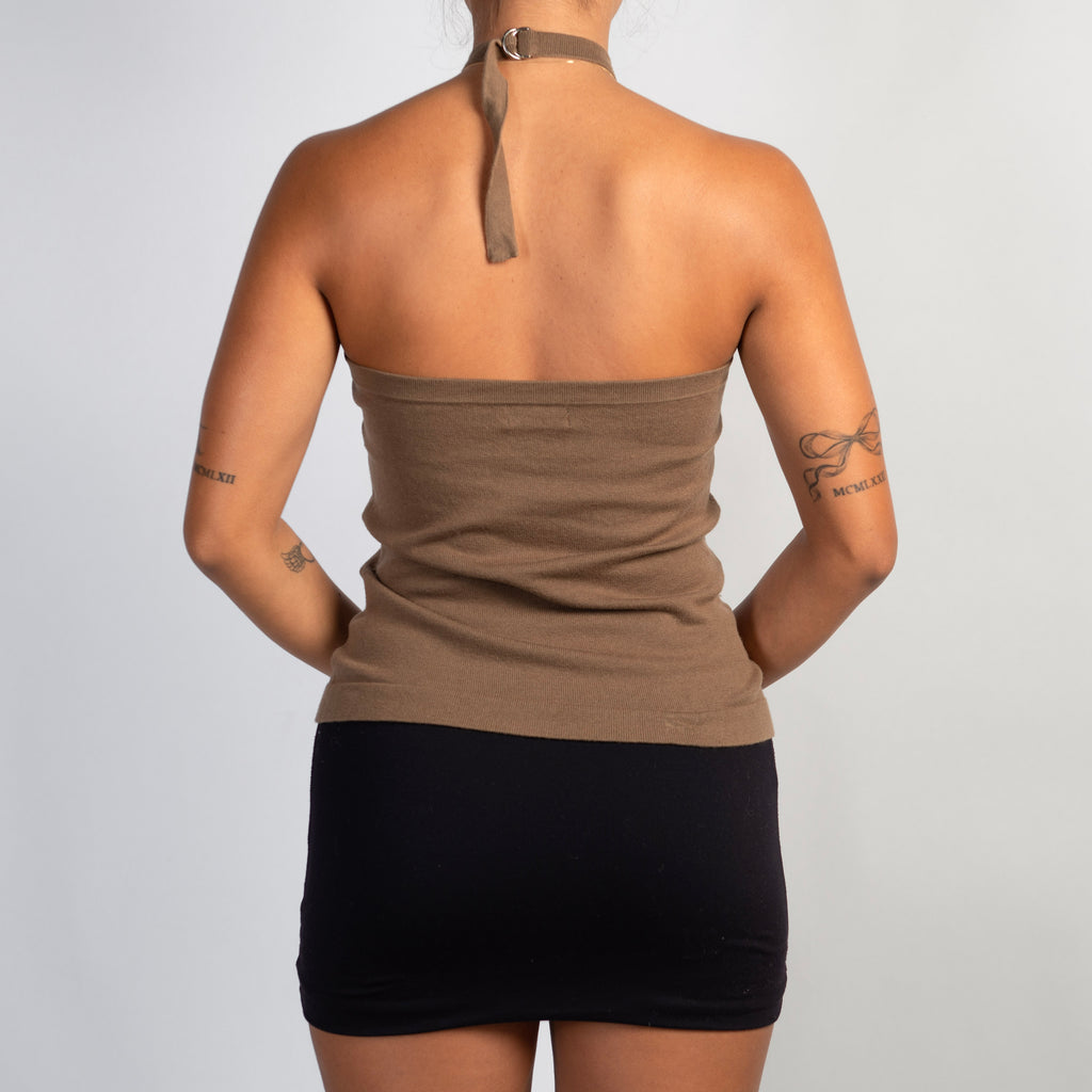 BROWN KNIT HALTER TOP