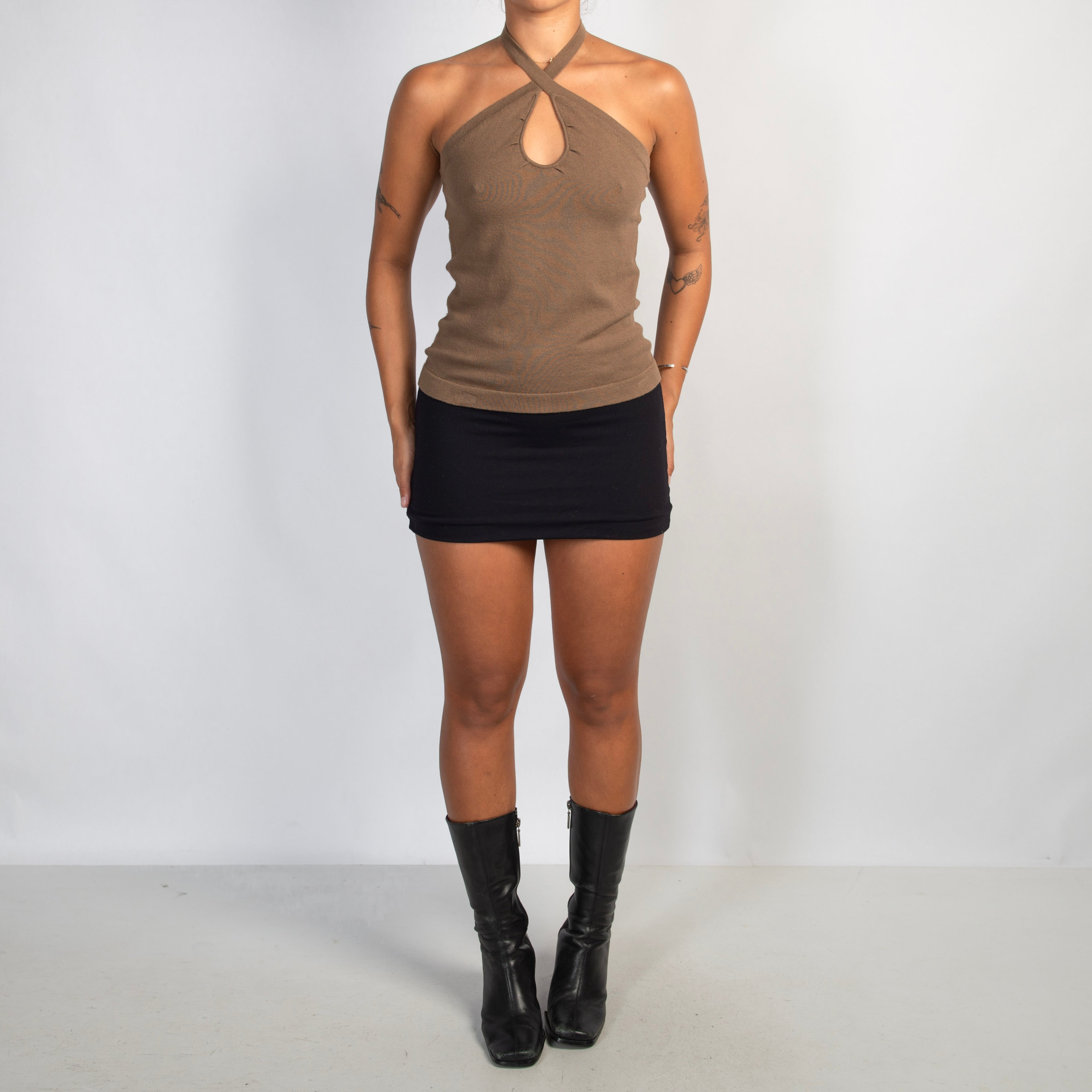 BROWN KNIT HALTER TOP