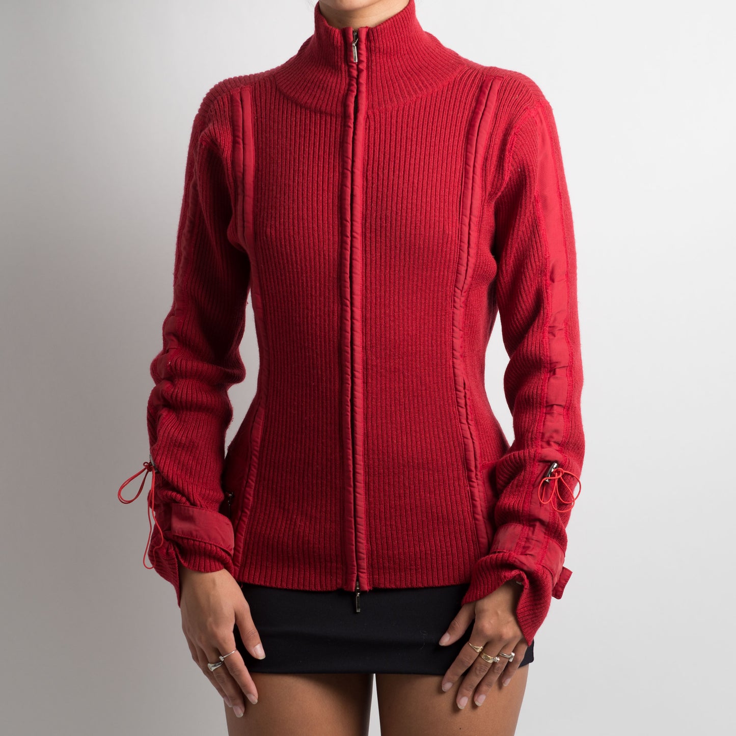 RED KNIT DOUBLE ZIP CARDIGAN