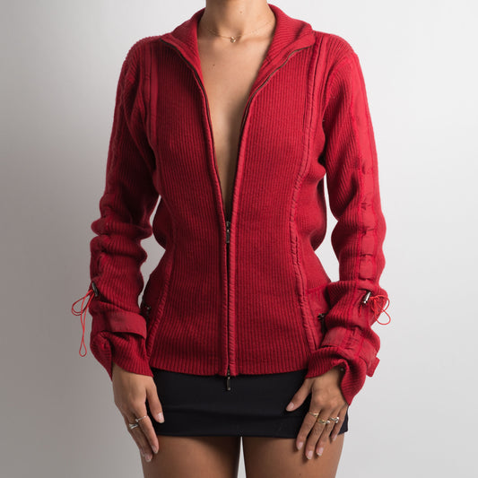 RED KNIT DOUBLE ZIP CARDIGAN