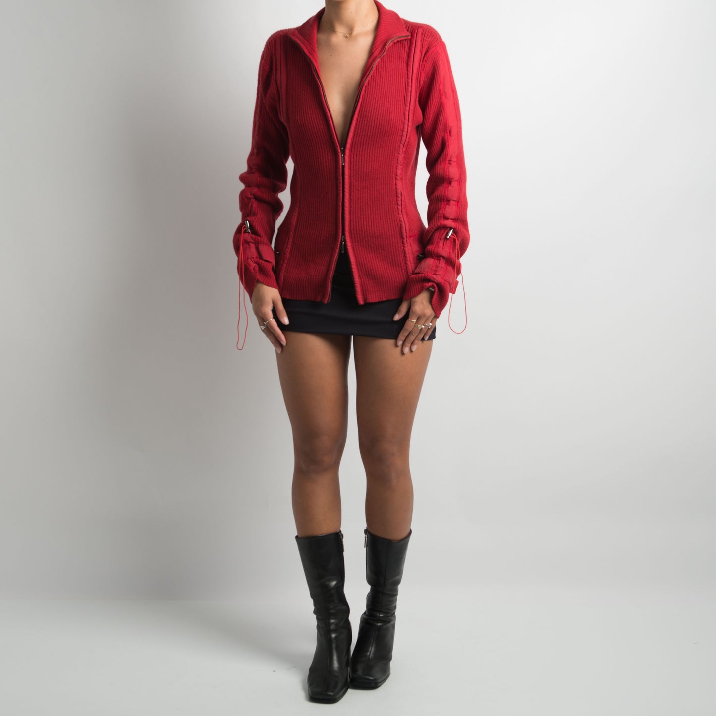 RED KNIT DOUBLE ZIP CARDIGAN