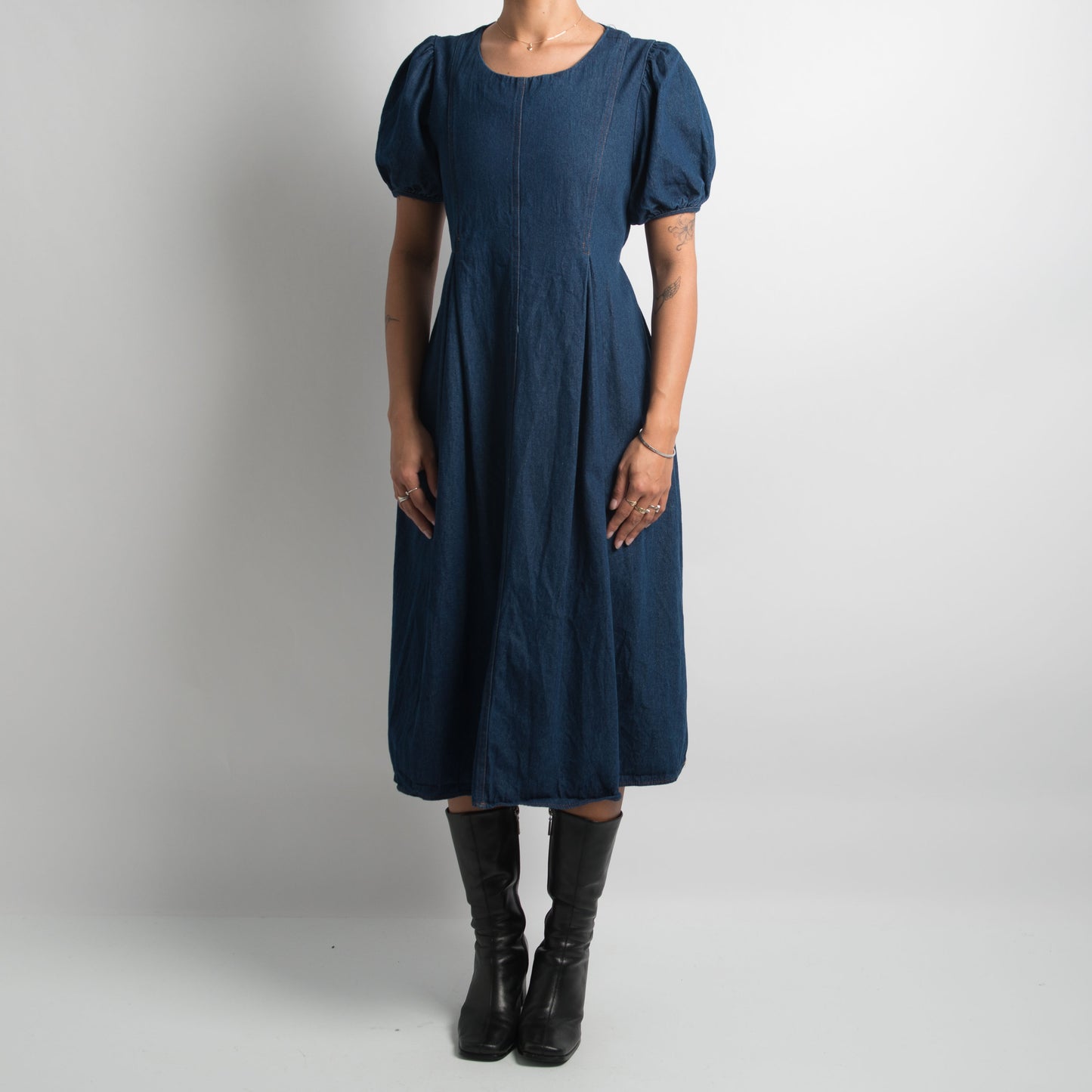 DENIM PUFF SLEEVE MIDI DRESS