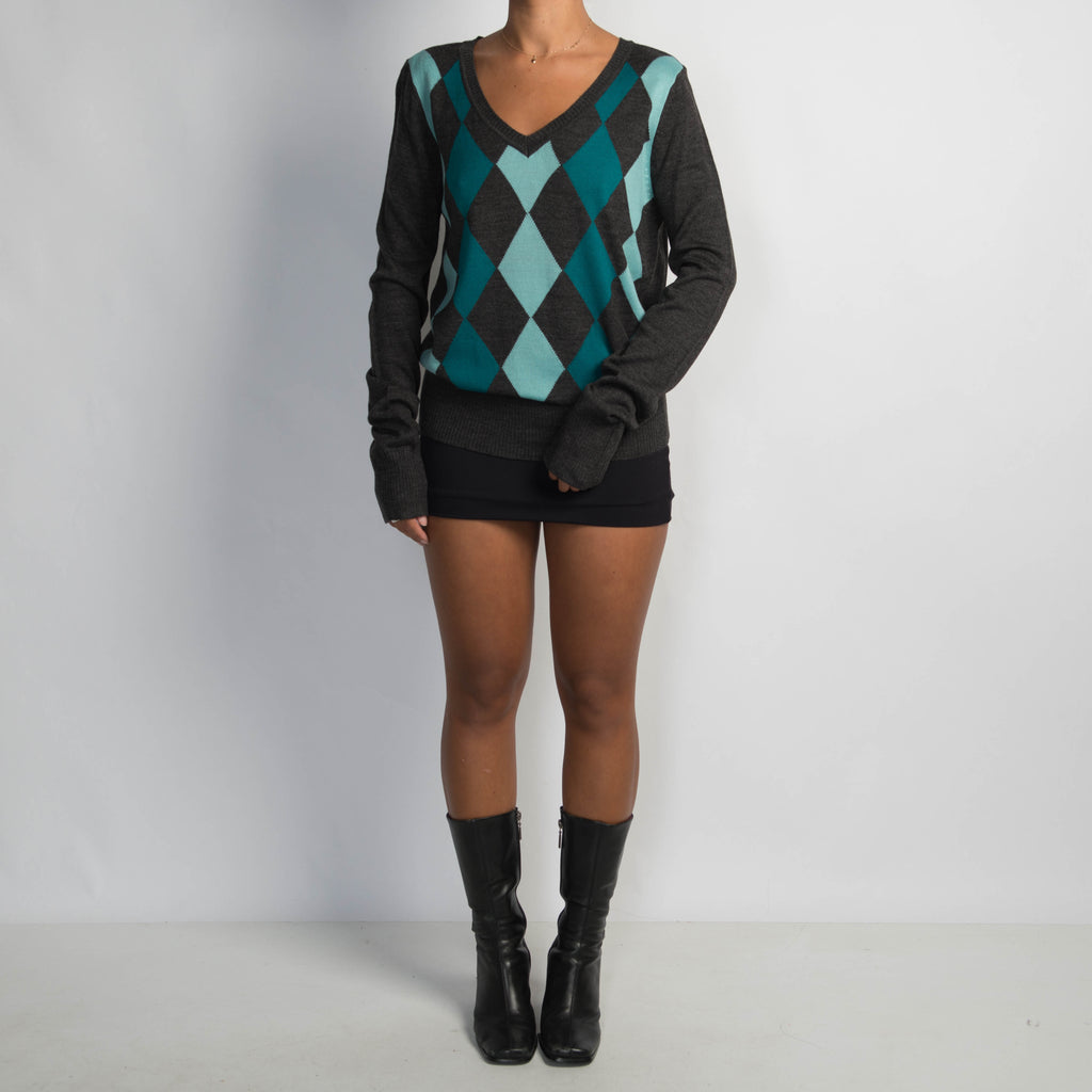 TEAL ARGYLE KNIT TOP