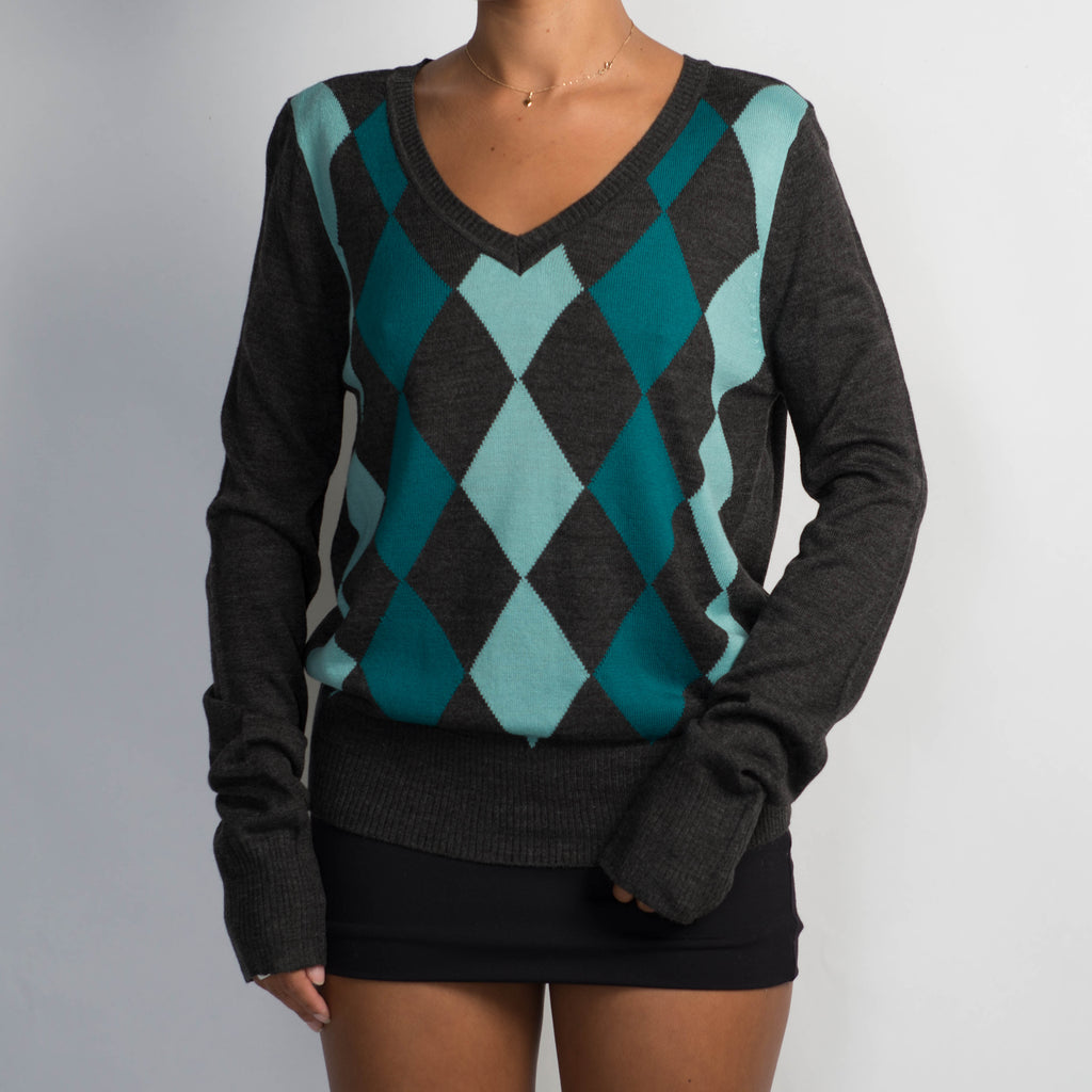 TEAL ARGYLE KNIT TOP