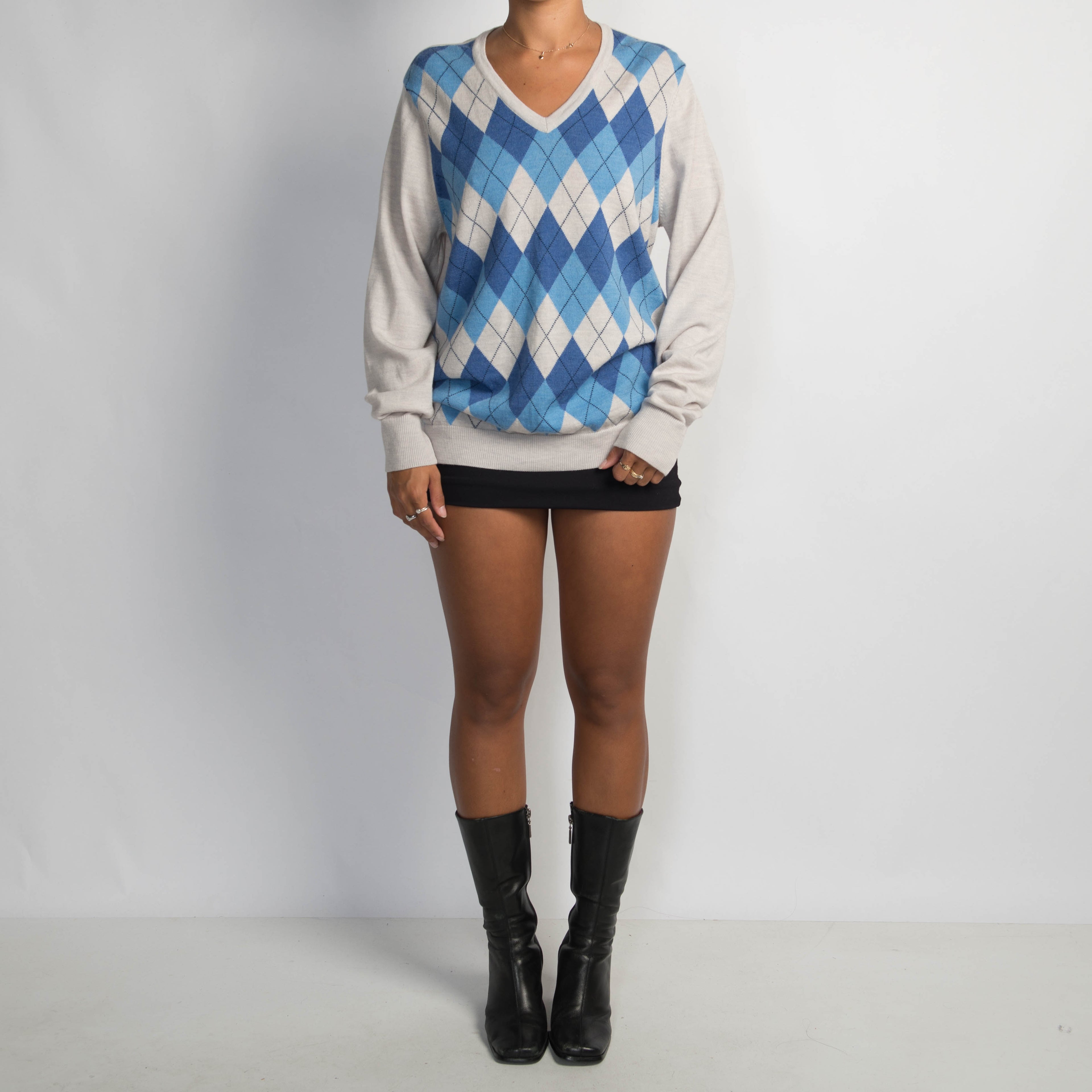 BLUE WOOL ARGYLE SWEATER