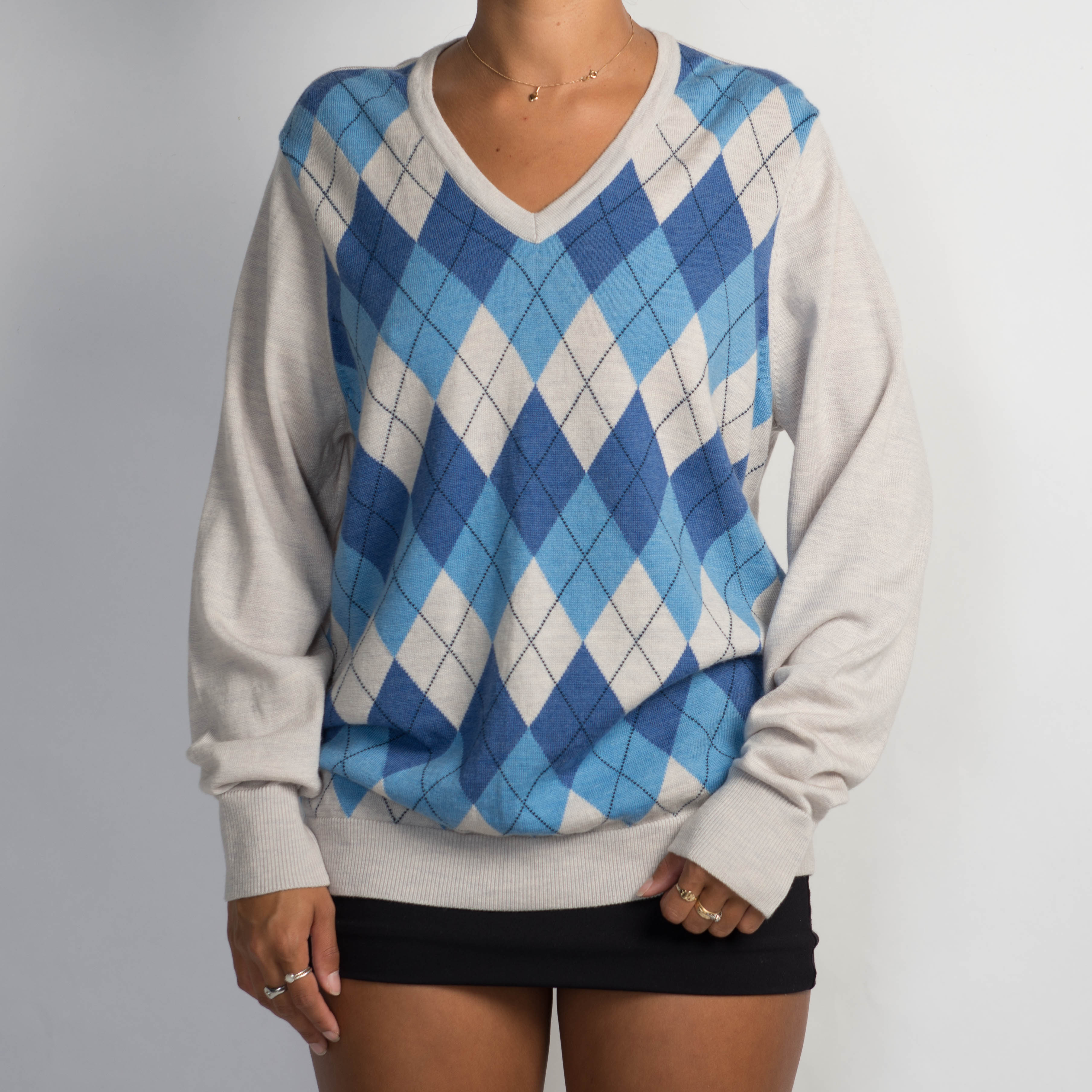 BLUE WOOL ARGYLE SWEATER