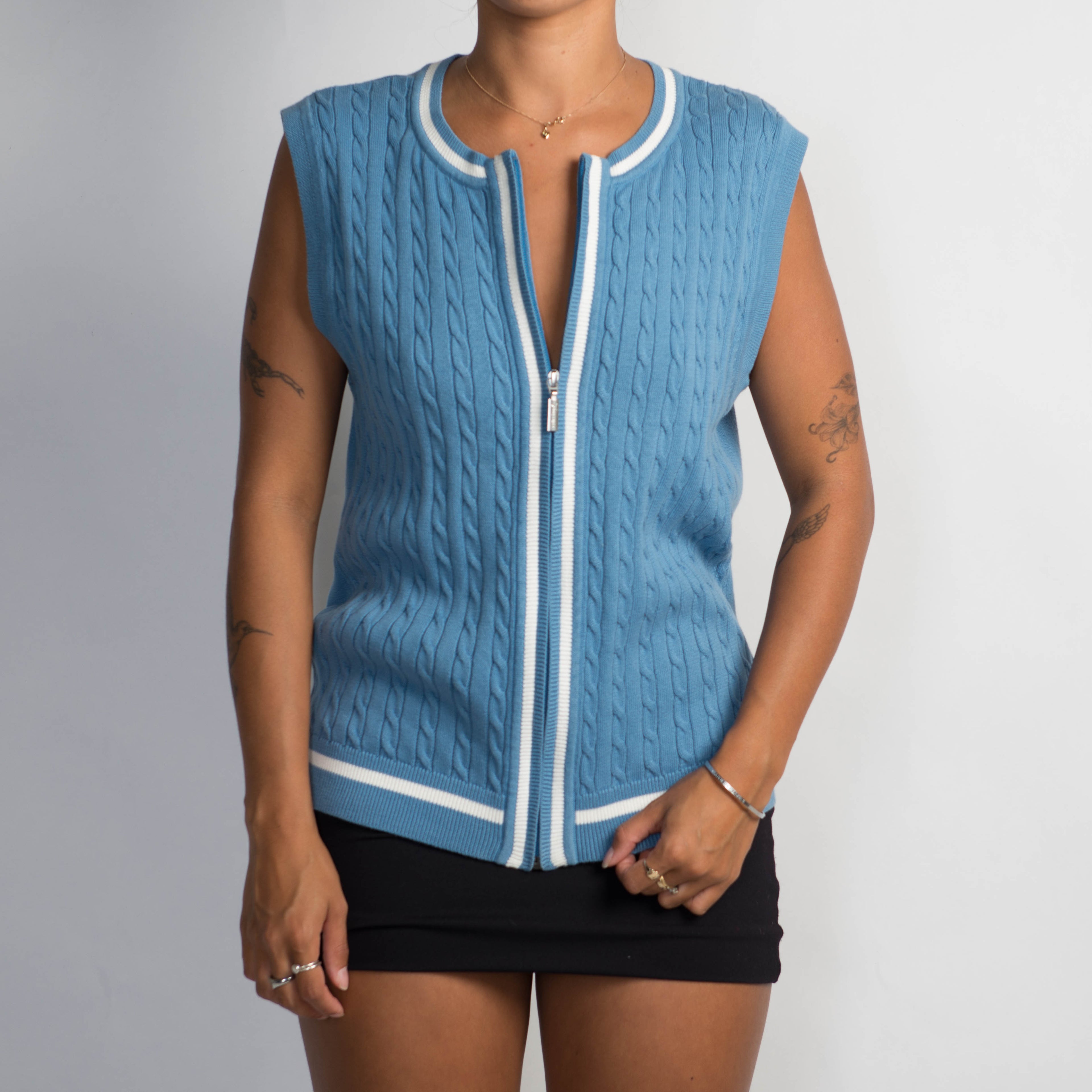 BLUE CABLE KNIT ZIP VEST