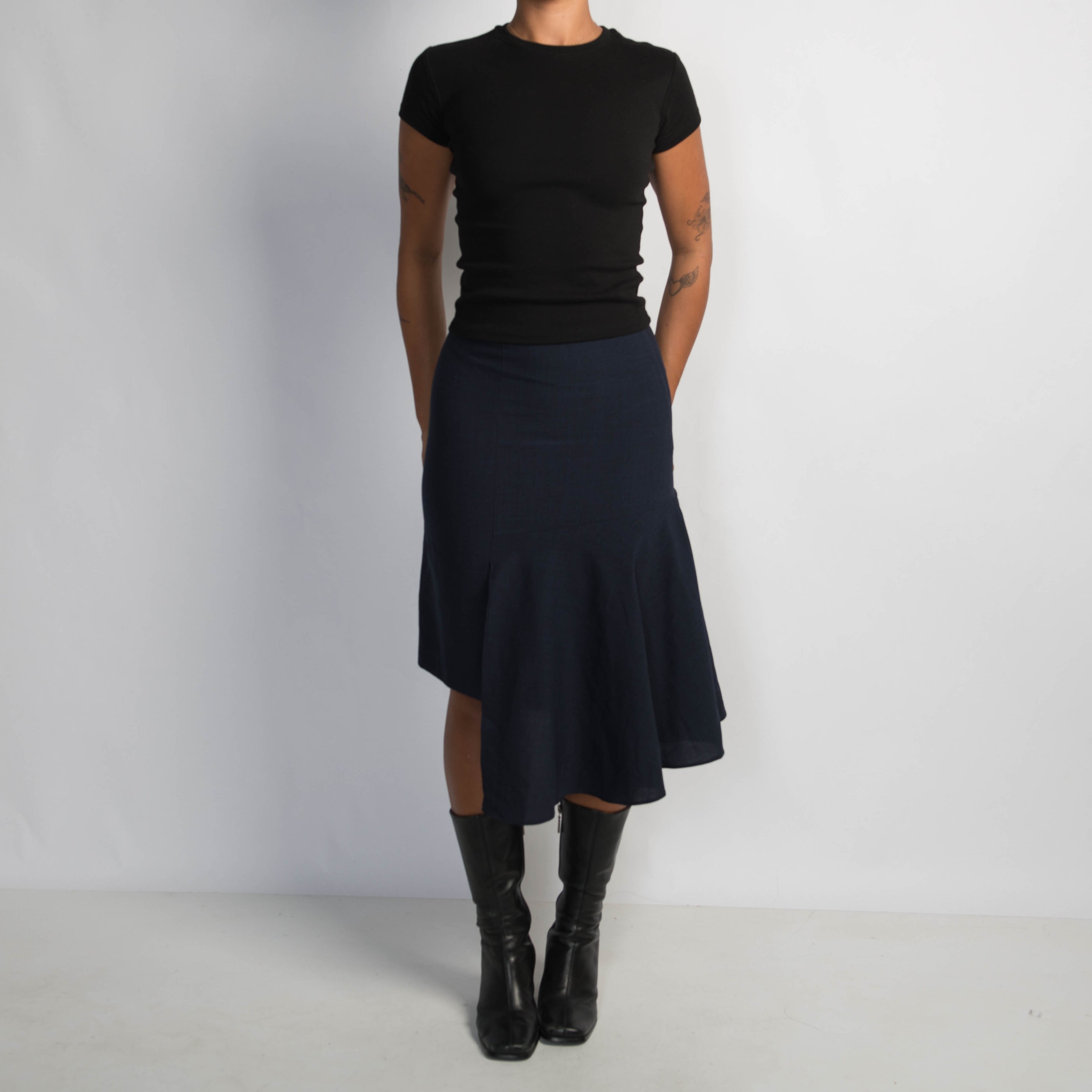 NAVY ASYMMETRIC MIDI SKIRT