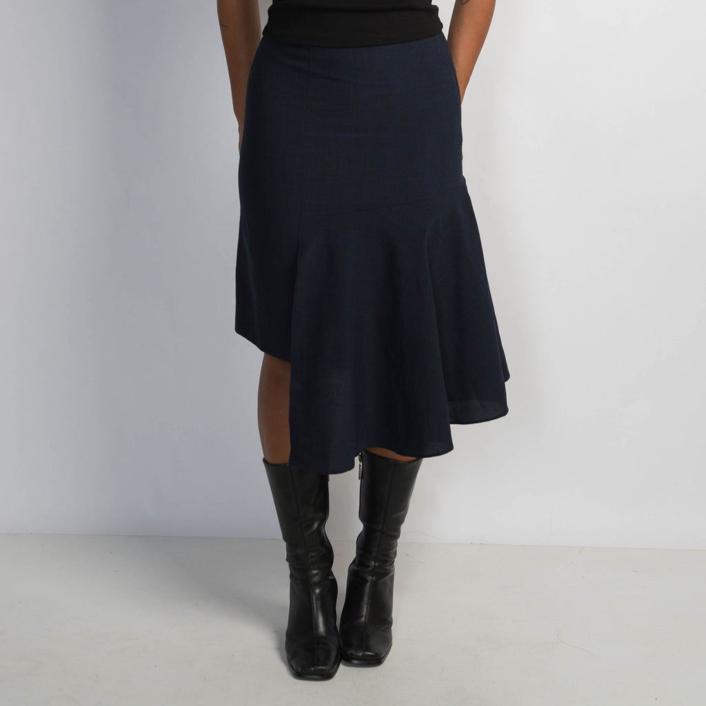 NAVY ASYMMETRIC MIDI SKIRT