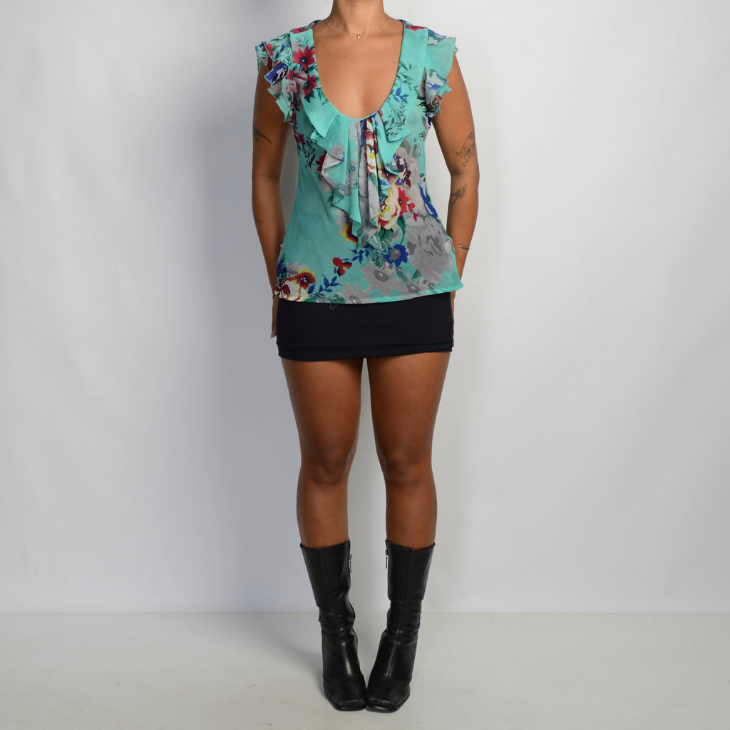 TEAL FLORAL RUFFLE TOP