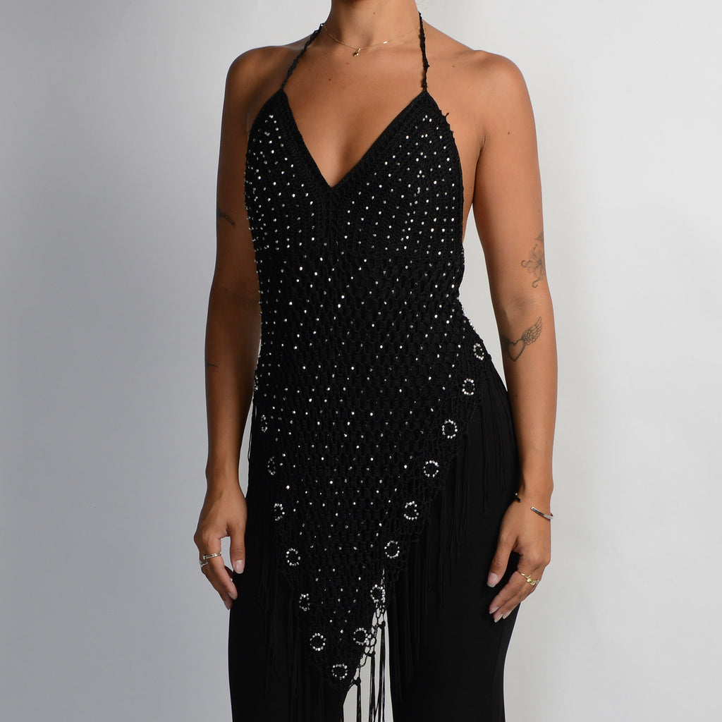 BLACK CROCHET OVERLAY JUMPSUIT