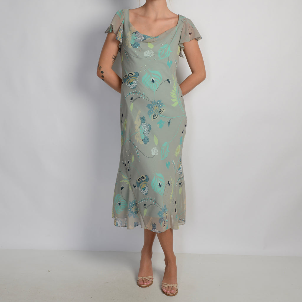 MINT GREY FLORAL MIDI DRESS