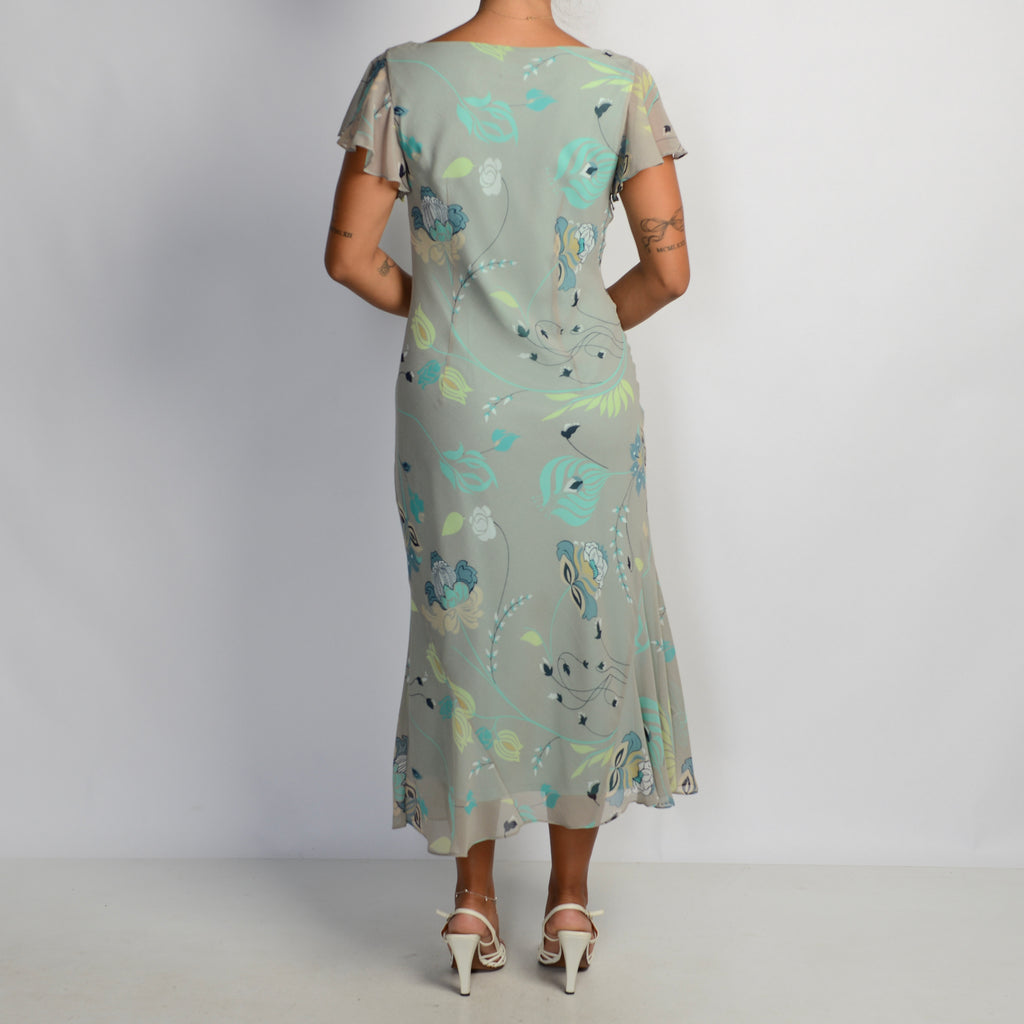 MINT GREY FLORAL MIDI DRESS