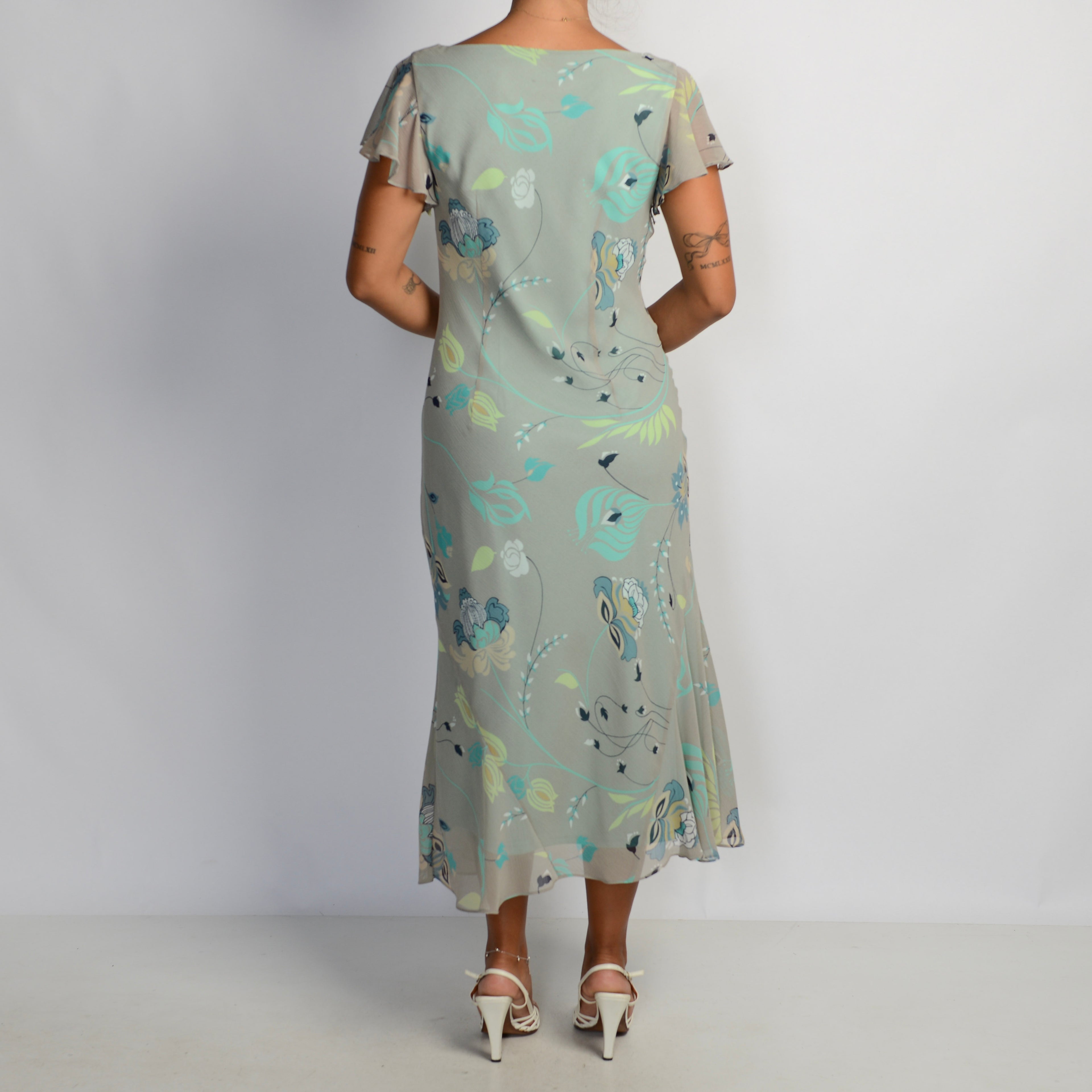 MINT GREY FLORAL MIDI DRESS