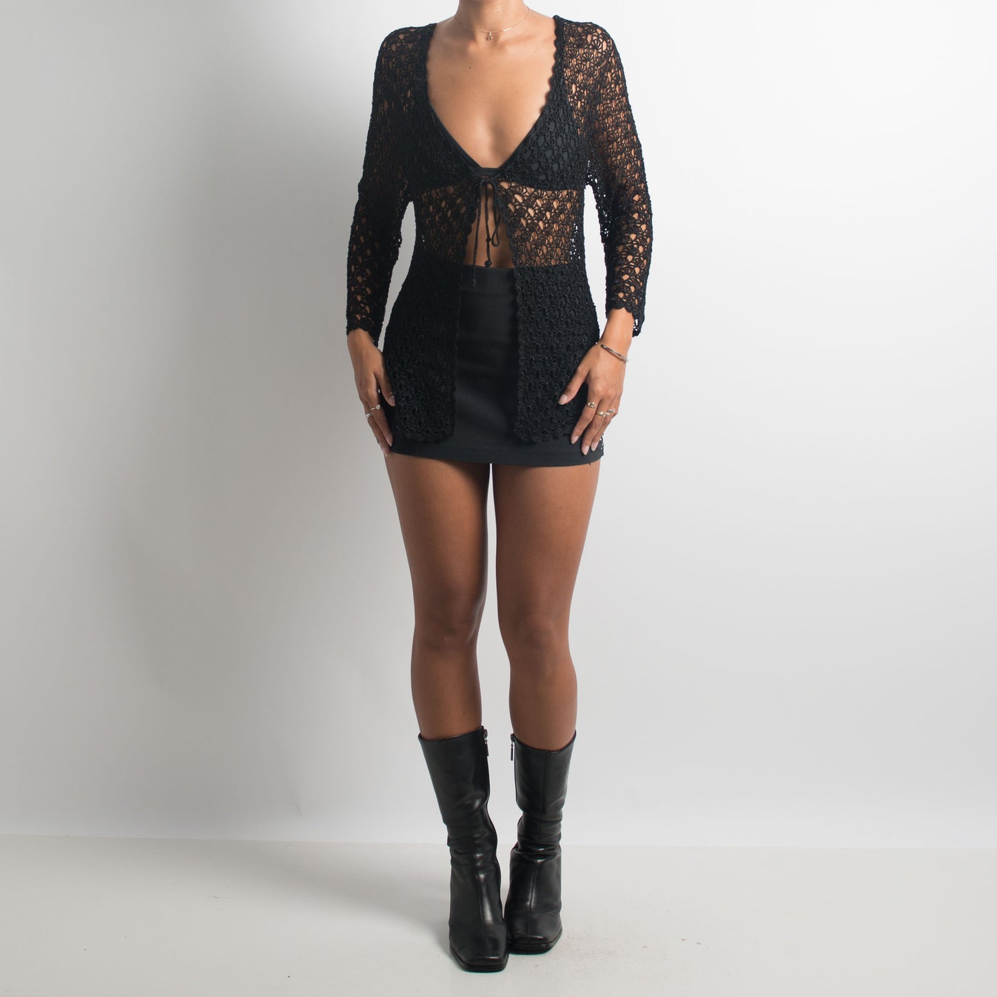 BLACK CROCHET TIE FRONT TOP