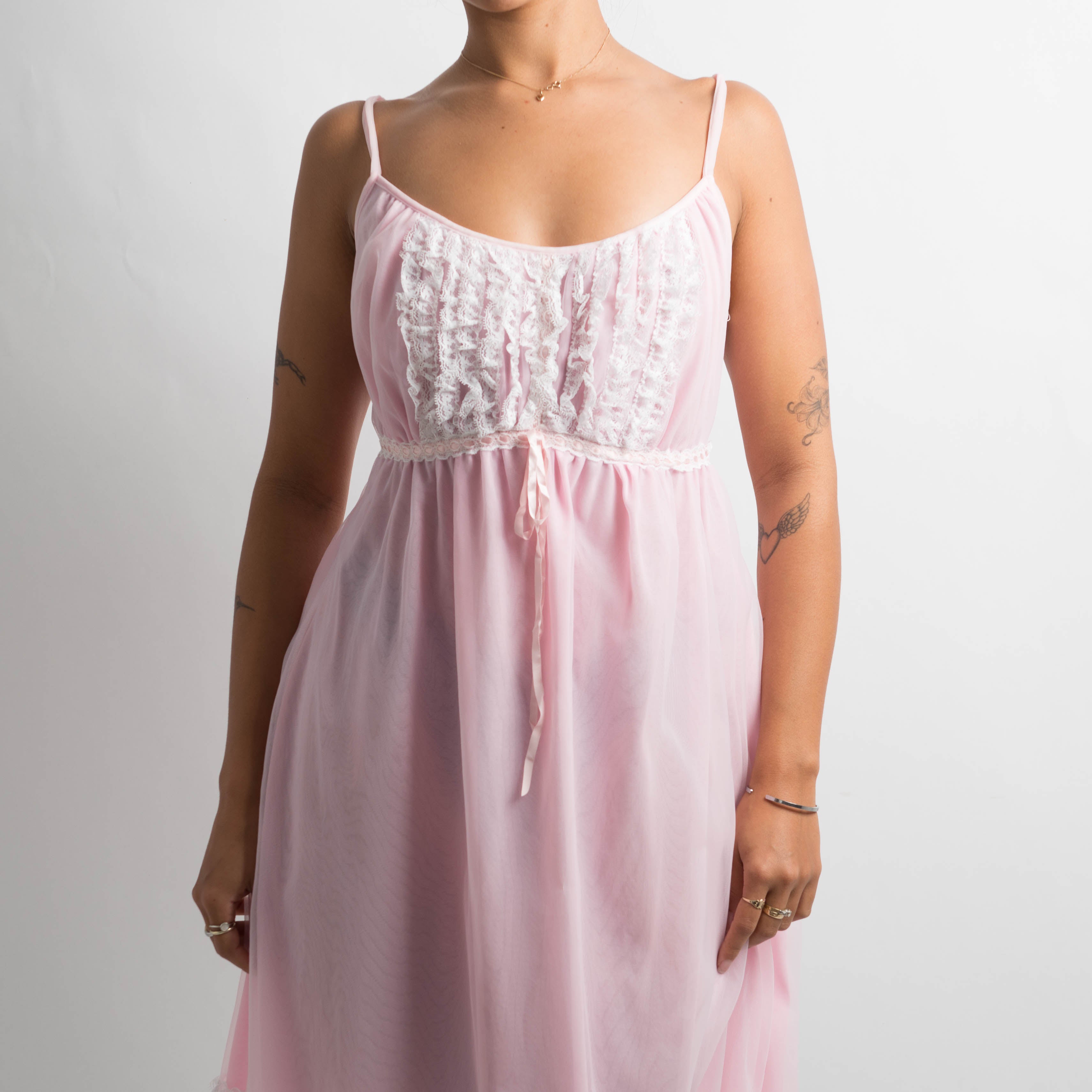 pink nylon dress Nylon Spandex Dress Round Neck Ruffle Sleeve Style 352D61 PM Pink/Melon / Medium
