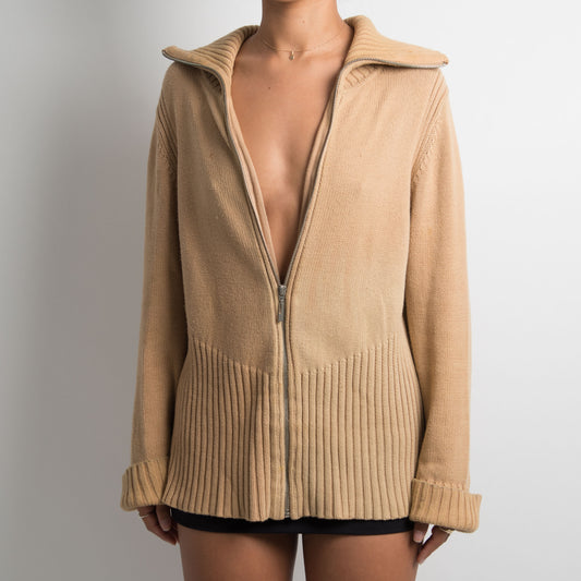 TAN KNIT ZIP FRONT SWEATER