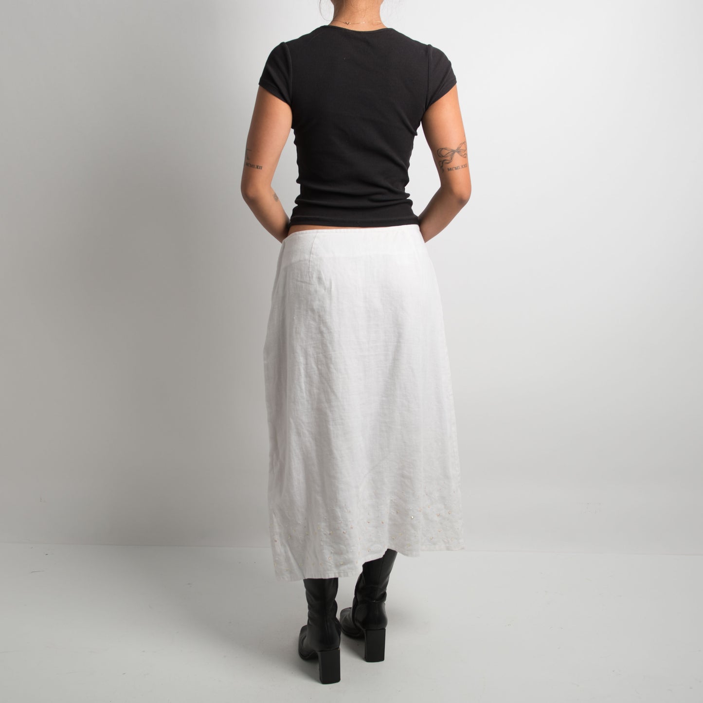 WHITE LINEN MIDI SKIRT