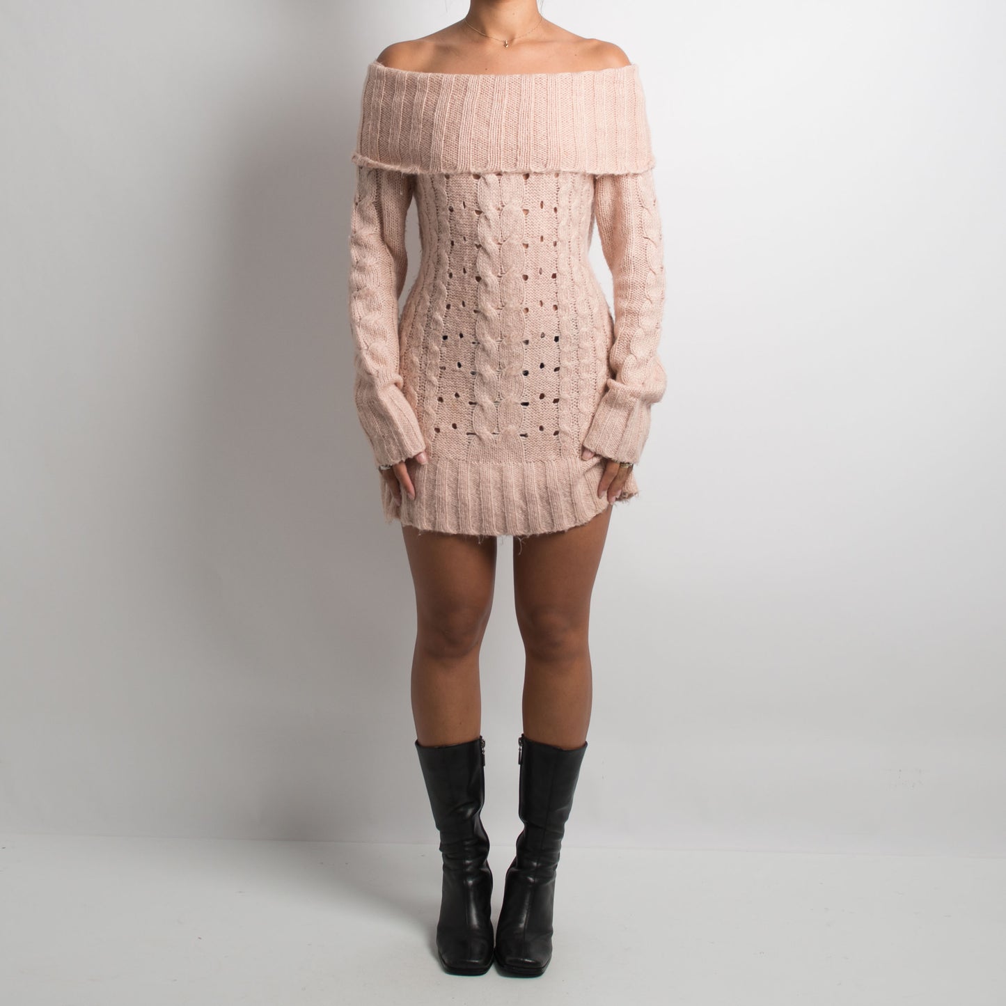 PINK KNIT OFF THE SHOULDER DRESS